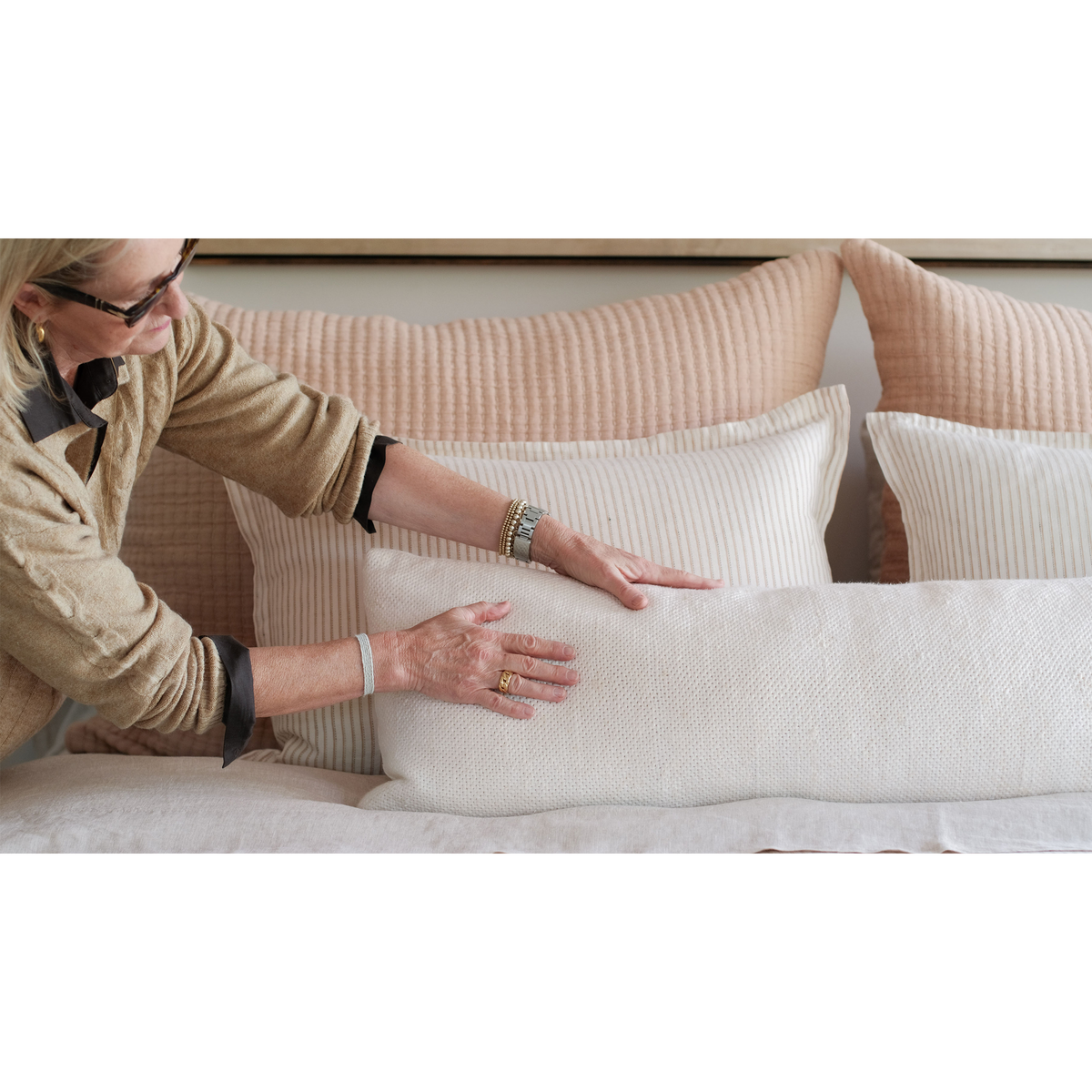 14x40 rectangular lumbar pillow with insert, cream/ivory striped fabric