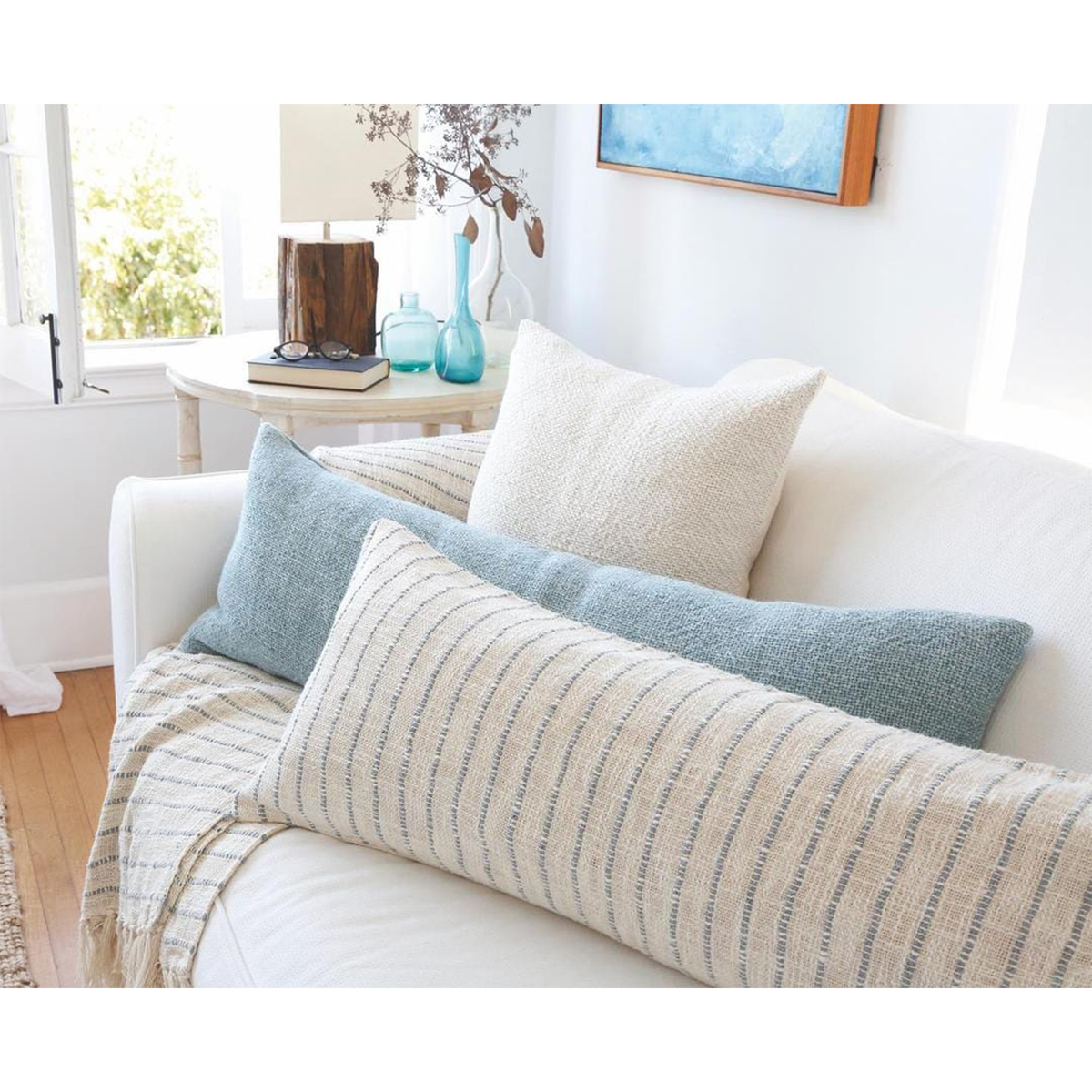 14x40 rectangular lumbar pillow with insert, light blue with vertical striped weave