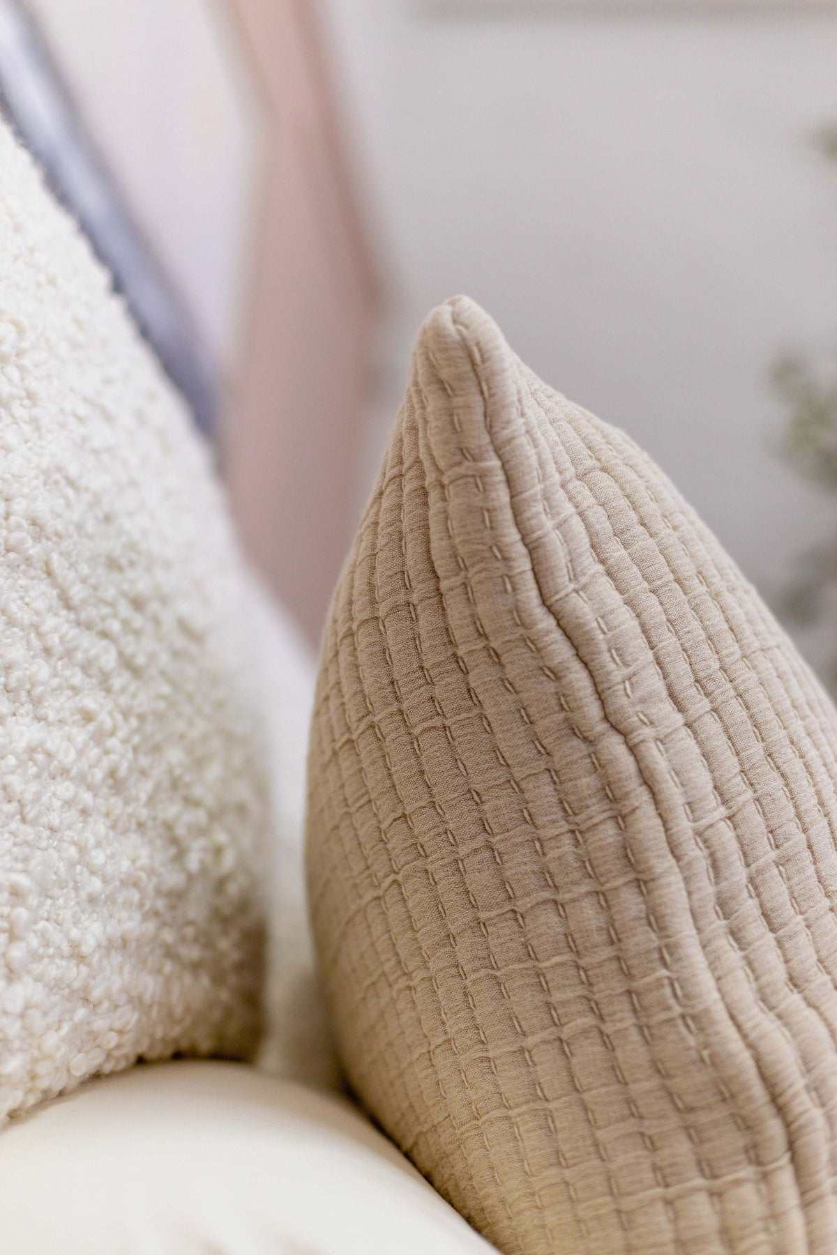 Vancouver big pillow 28x36 with insert, tan textured woven cover with curved seam
