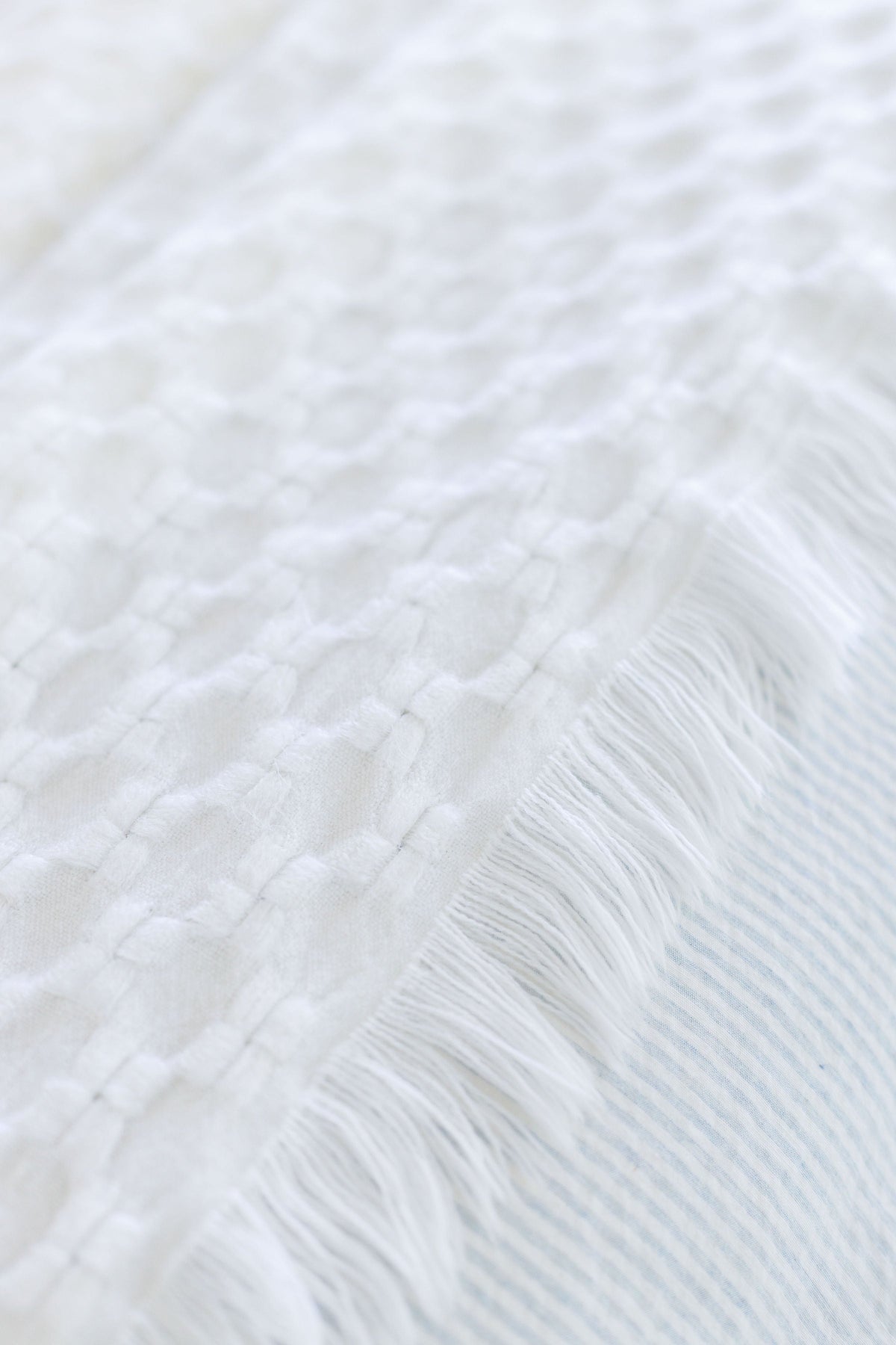 Delphine oversized throw close-up with white woven grid texture and soft fringe fibers