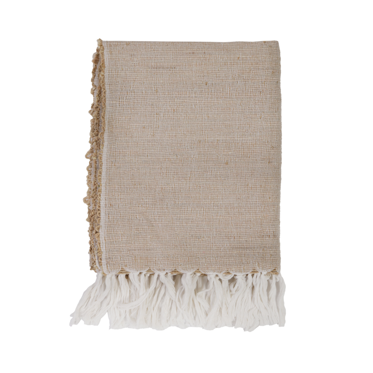 Natural woven throw with white tassel fringe along the bottom edge