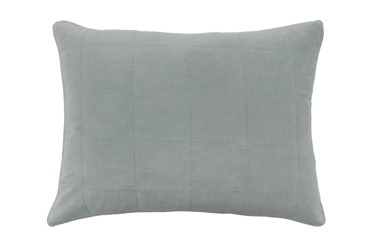 Gray quilted accent pillow with stitched grid and piped edges