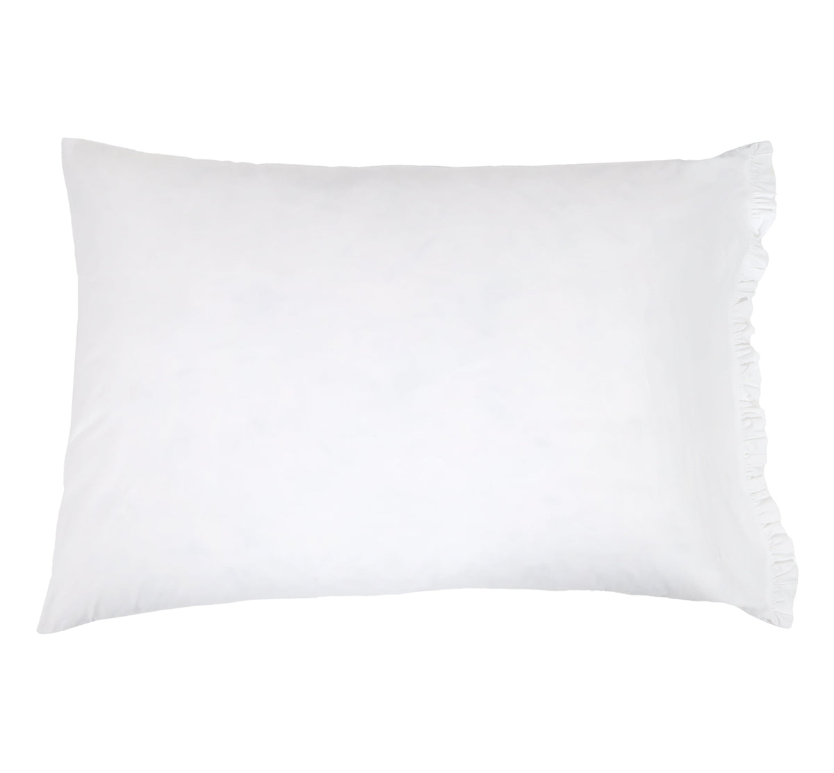 White cotton percale standard pillowcase with small ruffle trim on the sides