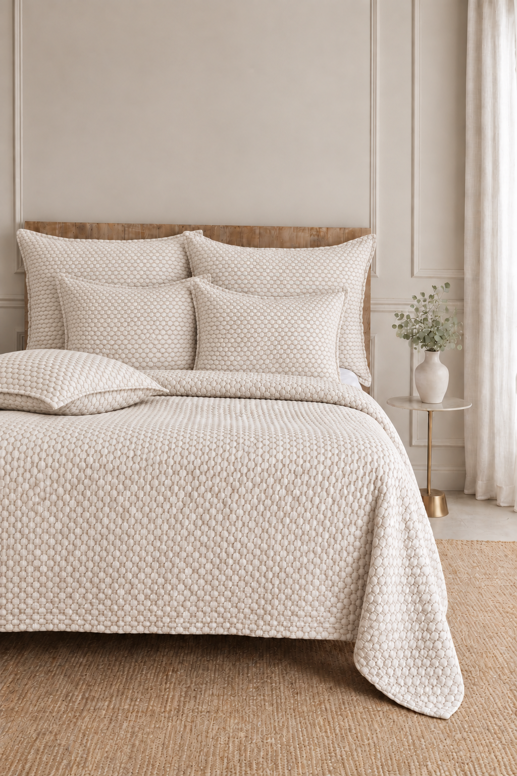 Oatmeal beige matelasse quilt with matching shams and pillows on a bed.