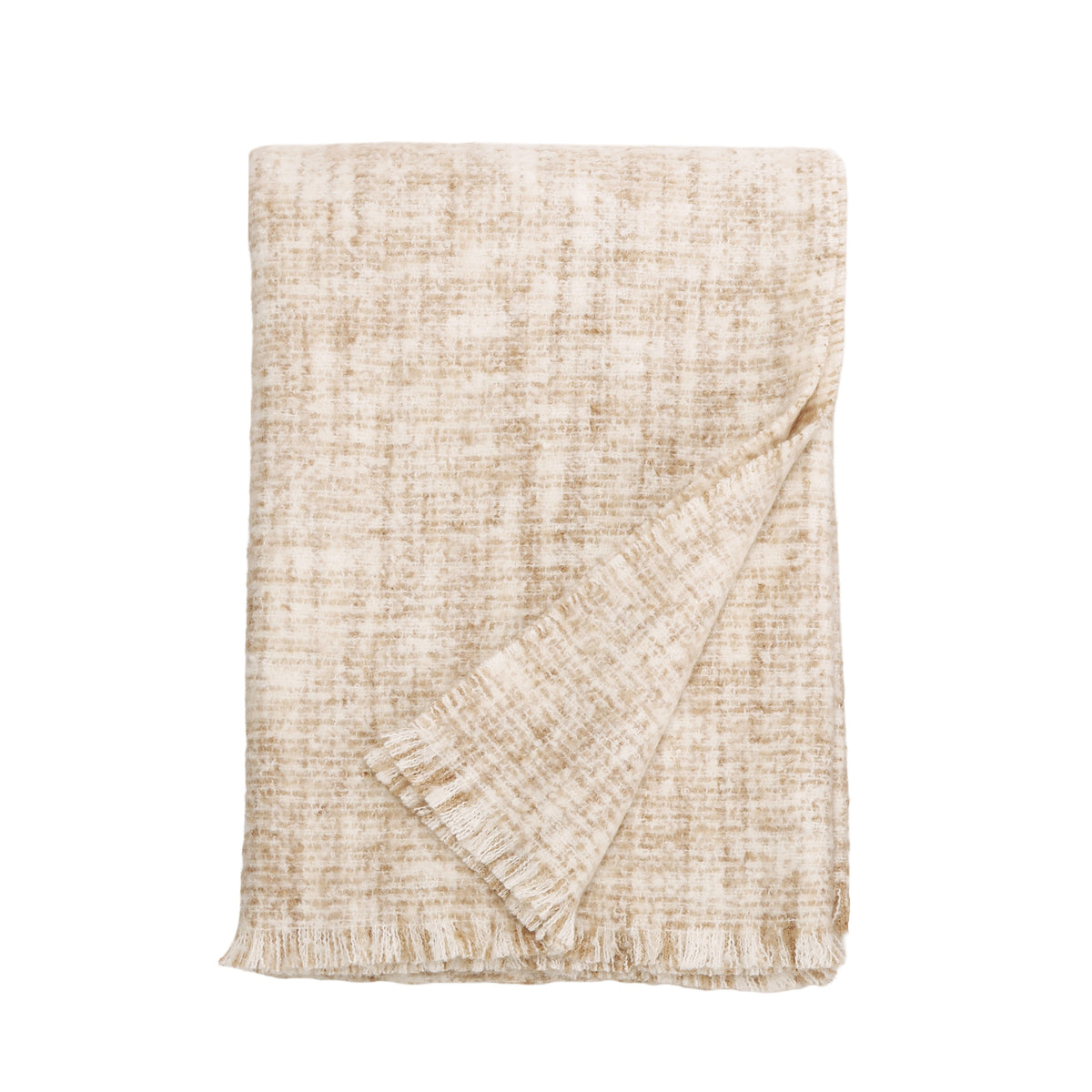 Oversized throw blanket, light beige woven fabric with diagonal fold detail and fringe.