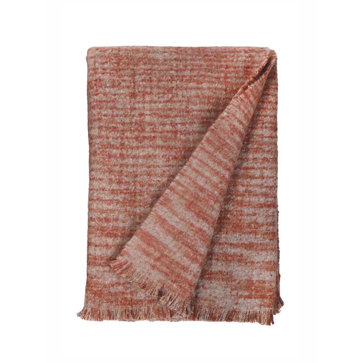 Oversized throw blanket in warm red with textured weave and fringed edge.