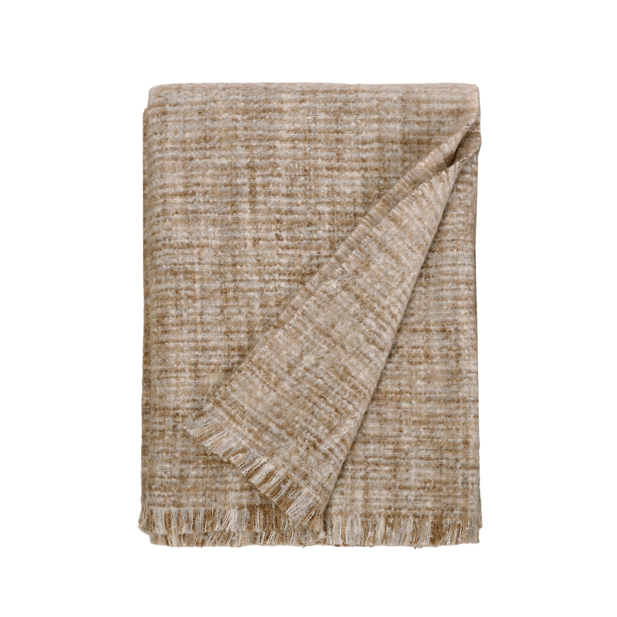 Oversized throw blanket in taupe with textured weave, diagonal fold, and fringed edge.