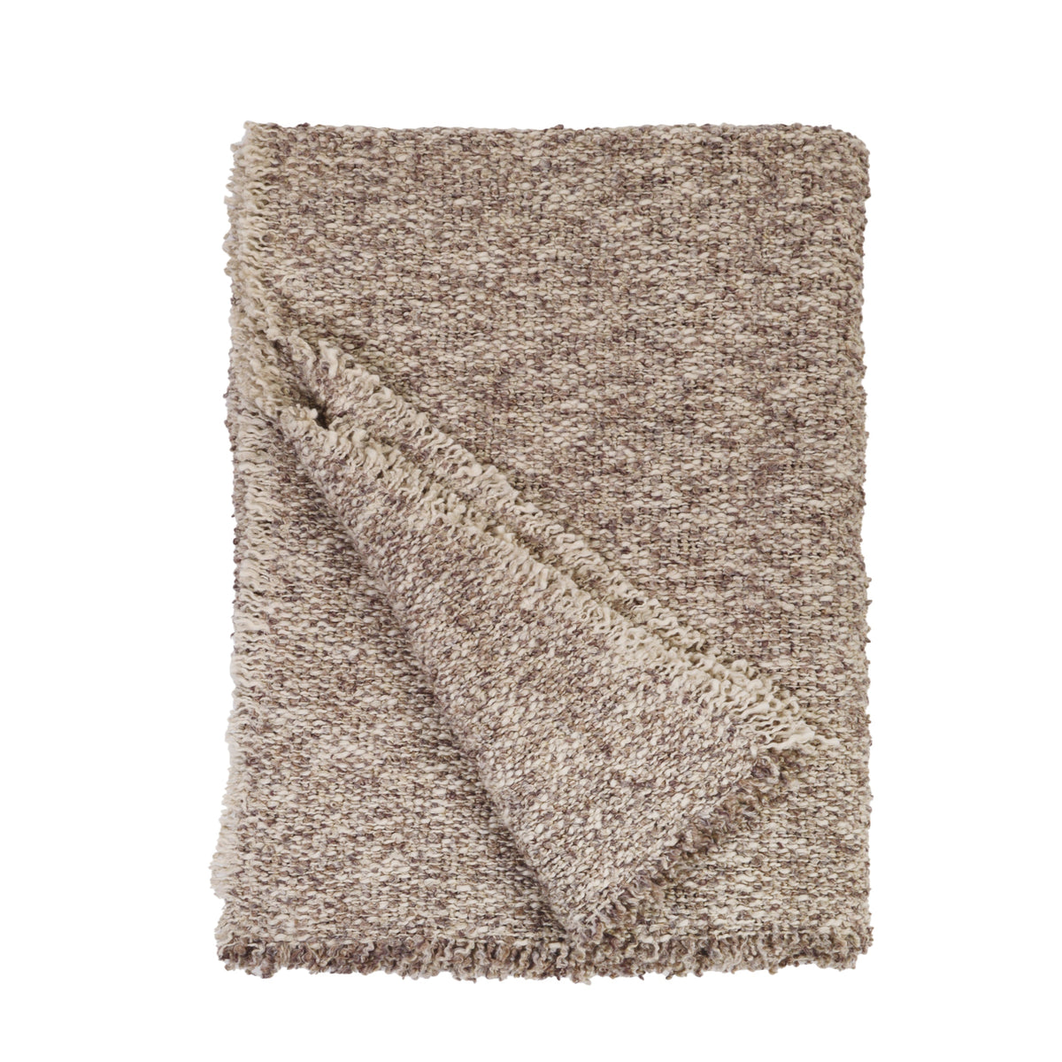 Woven throw blanket in taupe with diagonal panel and fringed trim along edges
