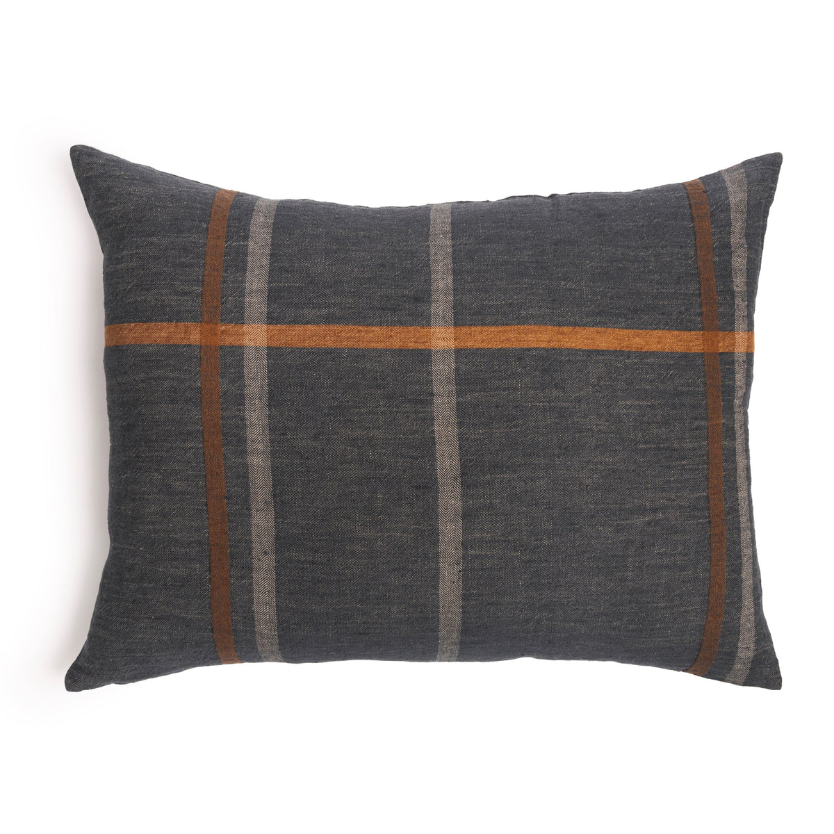 Dark gray throw pillow with rust-and-gray plaid stripes and square edges