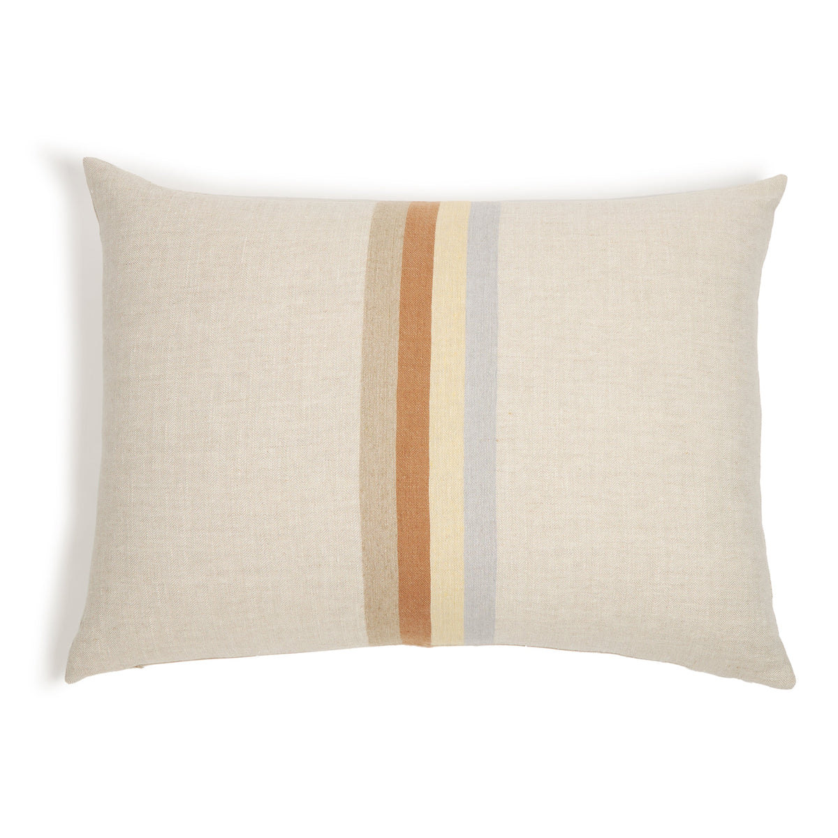 Rectangular throw pillow, beige with tan and cream vertical stripe band, with insert