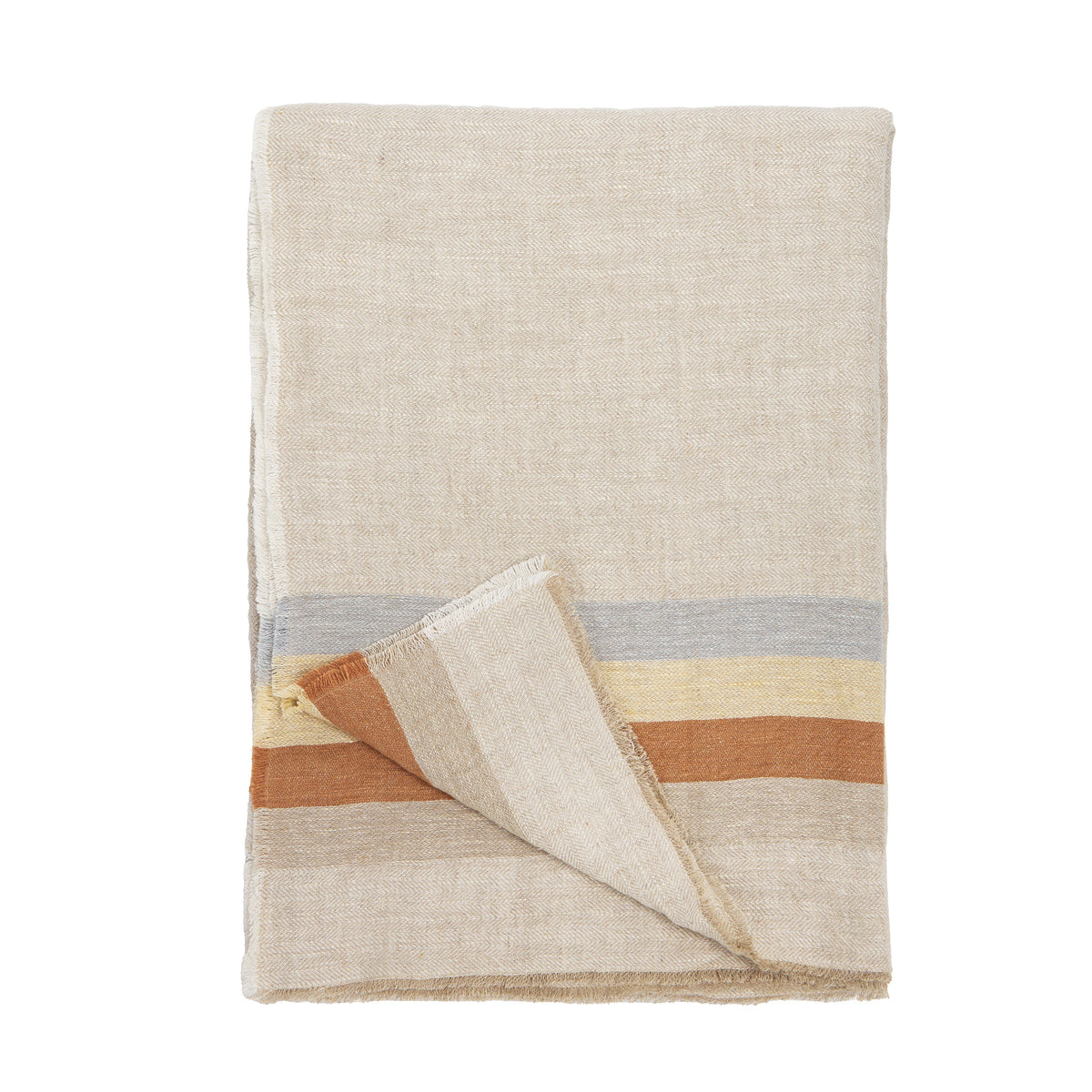 Beige woven oversized throw blanket with multicolor horizontal stripes, folded.