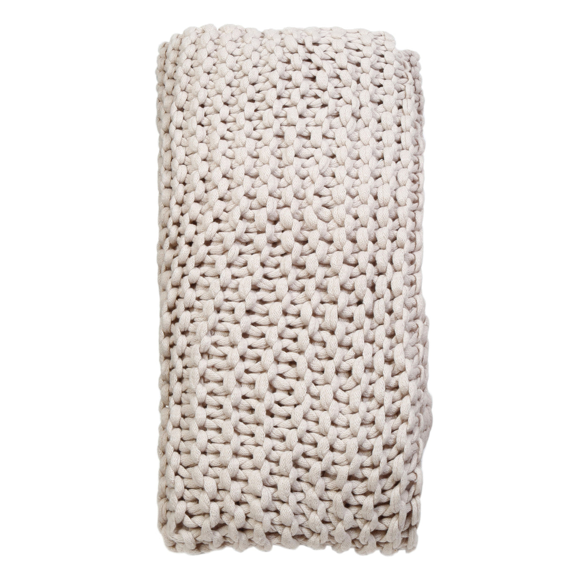 Light beige chunky knit throw blanket folded, textured surface
