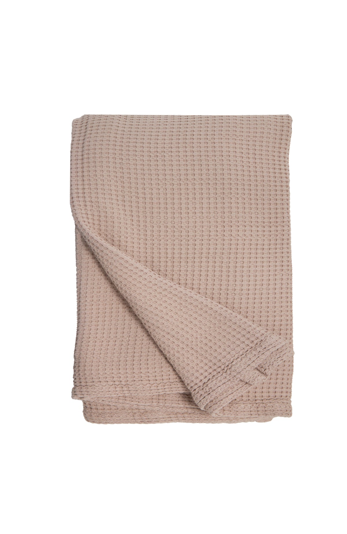 Beige waffle-knit oversized throw blanket, folded with diagonal drape on a white background.