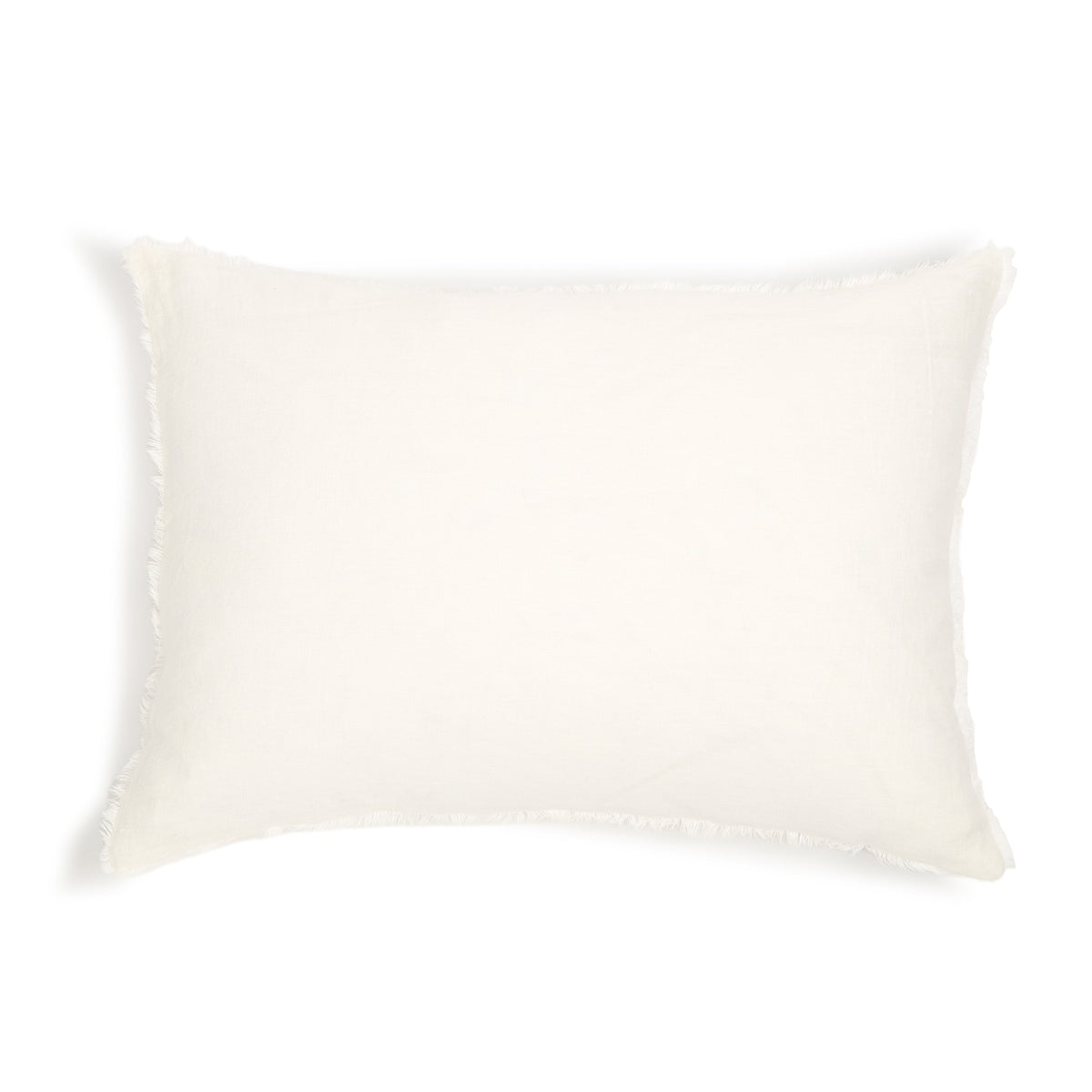 White pillow sham with frayed edges, smooth fabric close-up