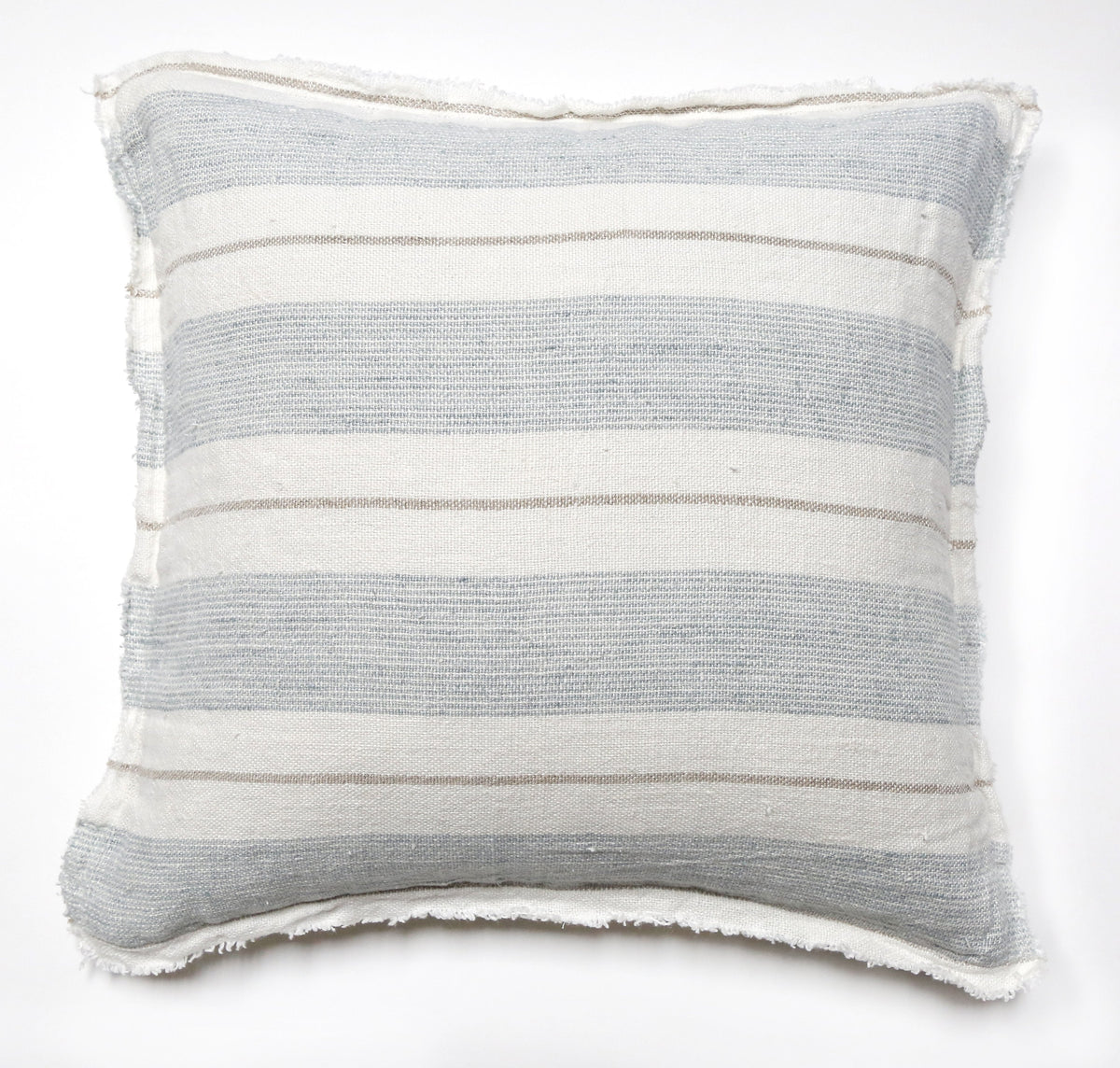 Square throw pillow with light gray horizontal stripes and natural border fringe