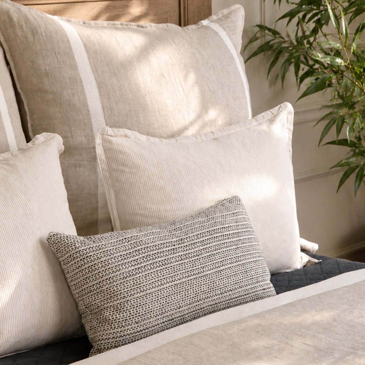 14x24 linen pillow with insert, blue-gray textured fabric and knife-edge seams