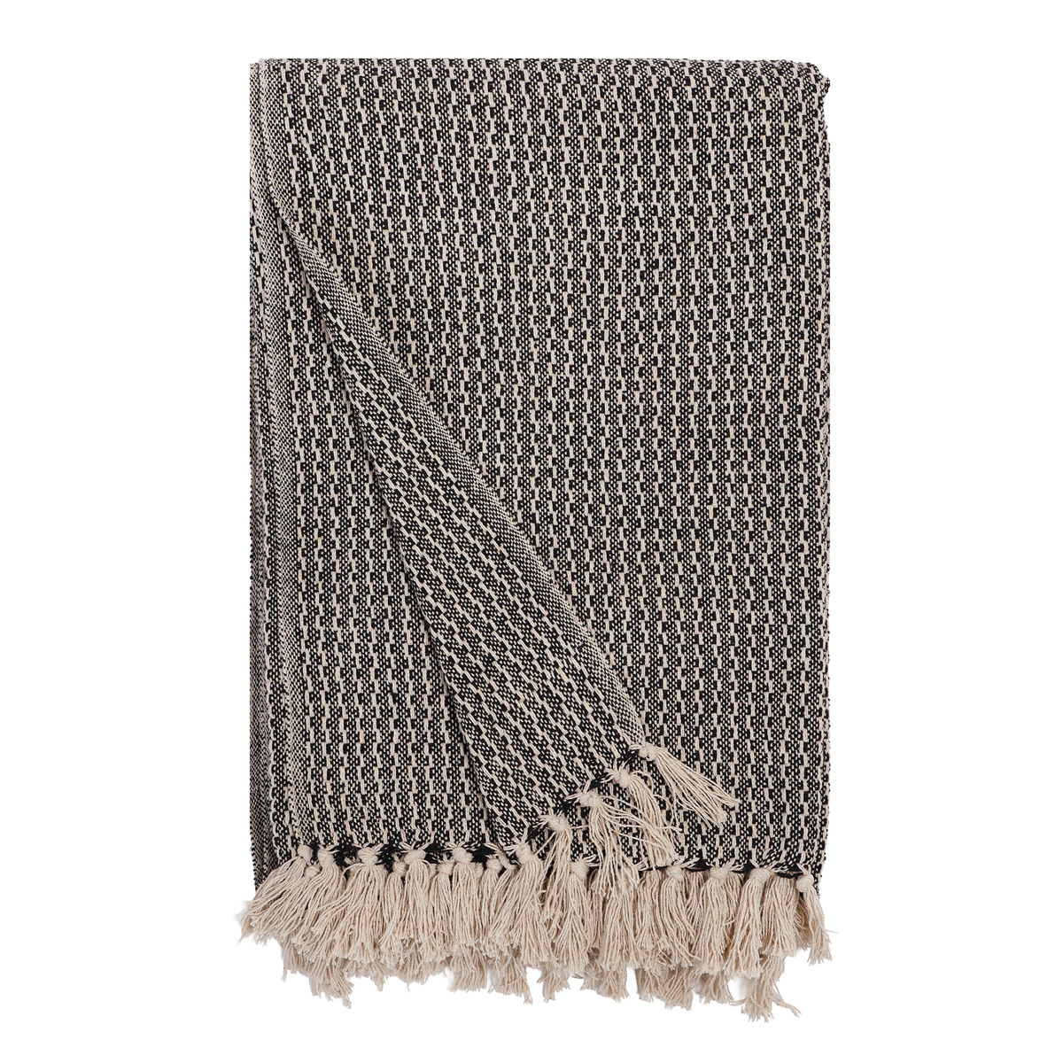 Charcoal oversized throw blanket with diamond weave pattern and tasseled fringe
