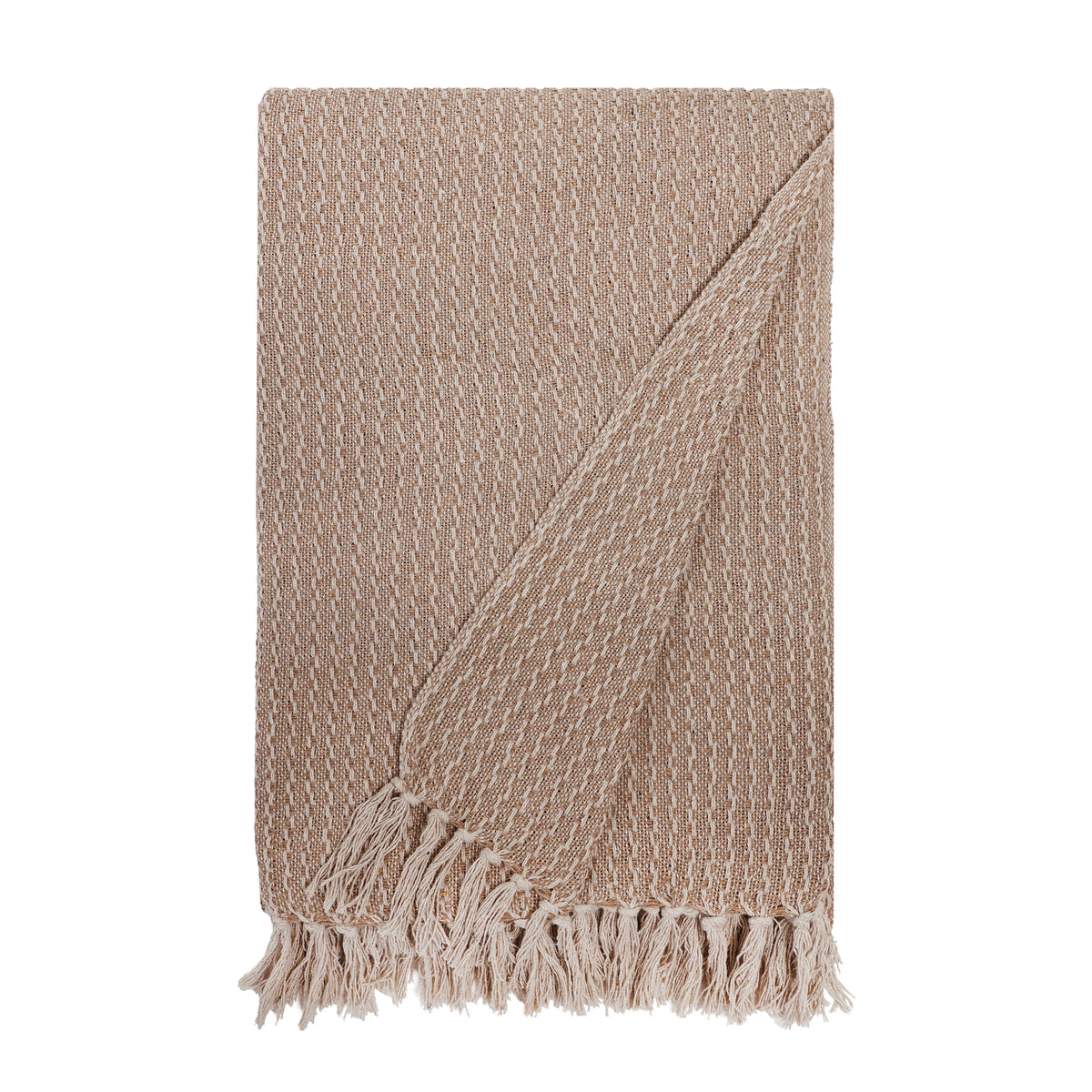 Taupe oversized throw blanket with diamond weave and short fringe trim