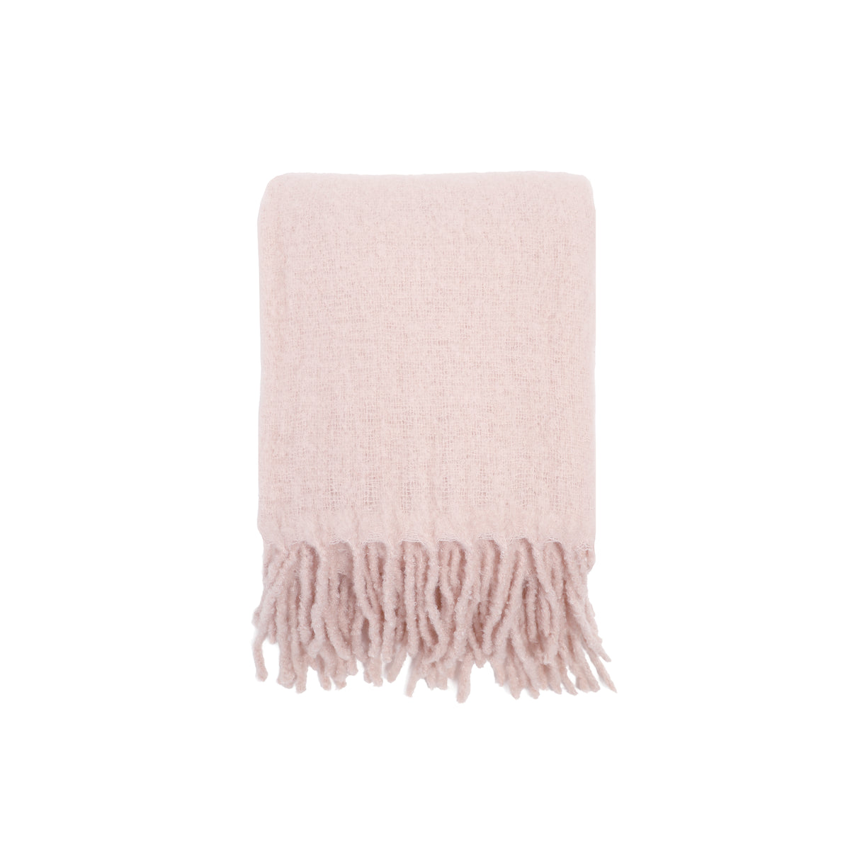 Blush pink knit throw blanket with short tassel fringe