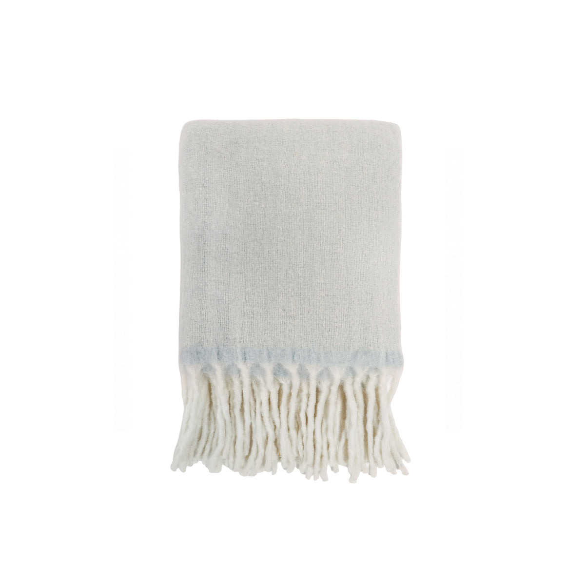 Light blue knit throw blanket with white tassel fringe
