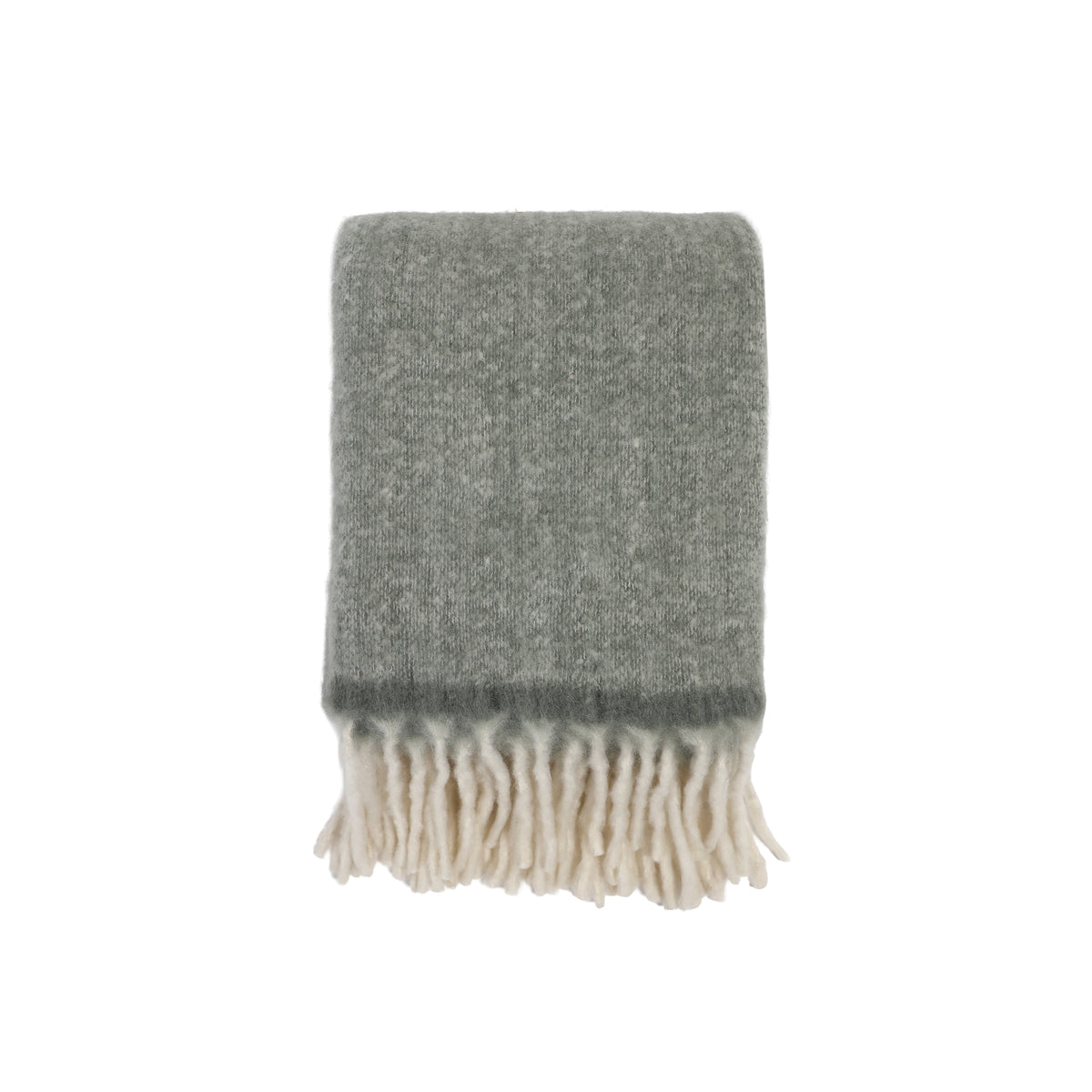 Moss green knit throw blanket with cream tassel fringe