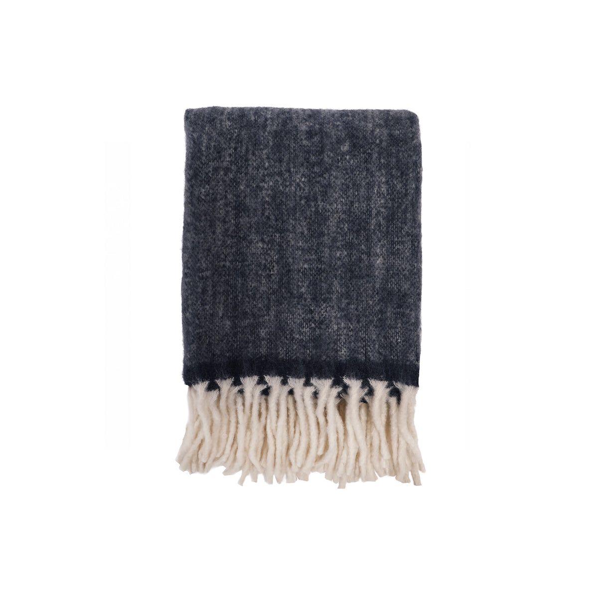 Dark charcoal knit throw blanket with cream tassel fringe