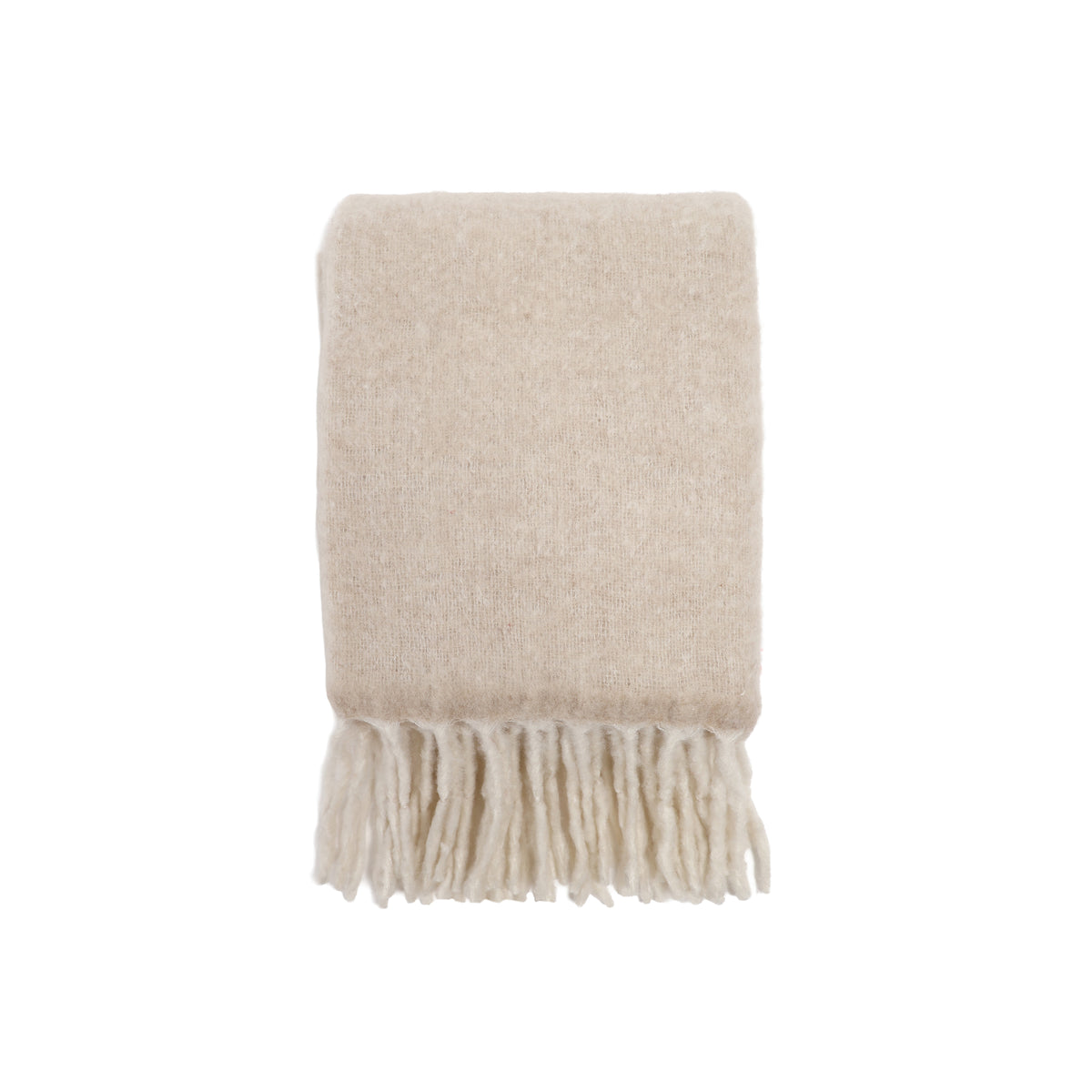 Oatmeal beige knit throw blanket with cream tassel fringe