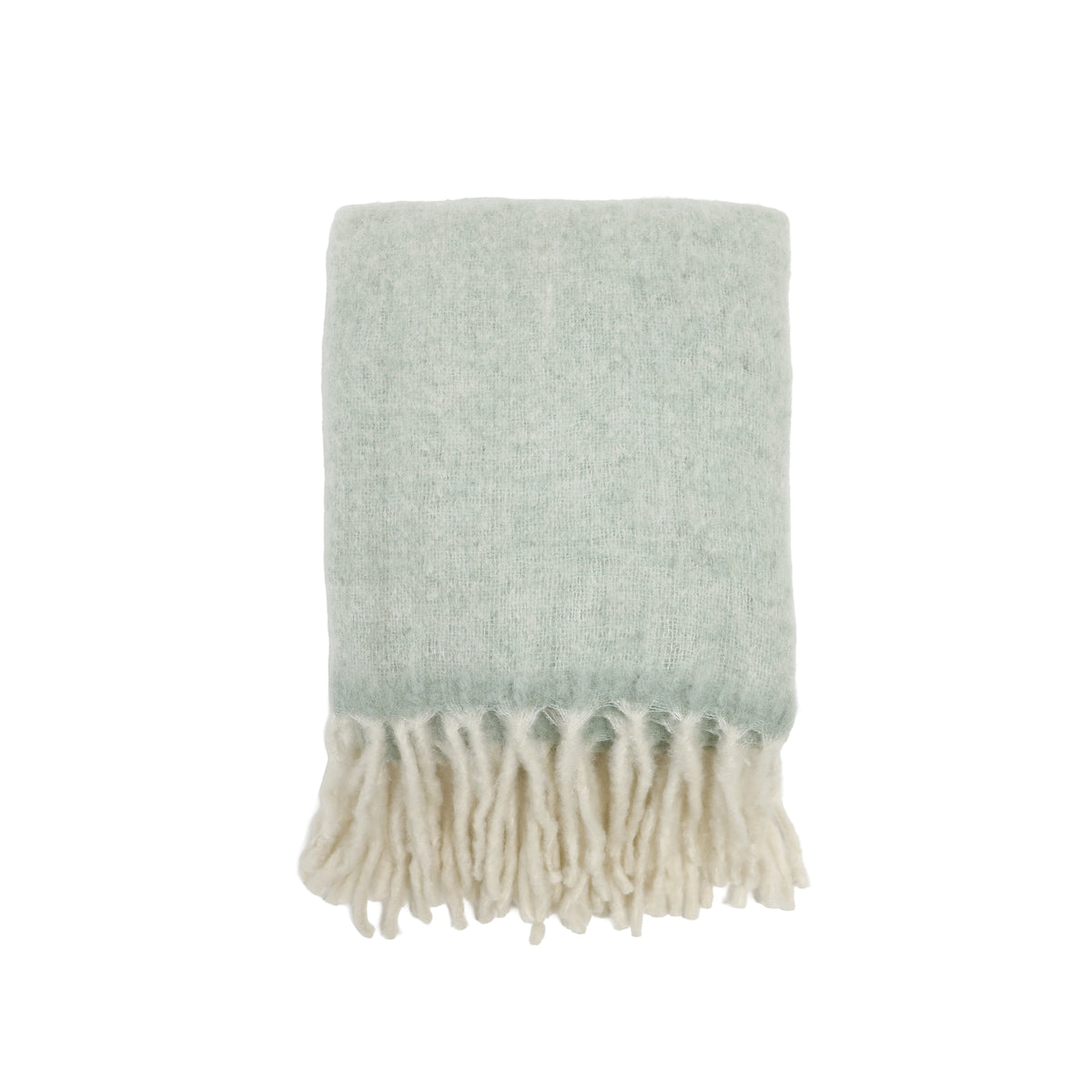 Seafoam green knit throw blanket with ivory fringe edge