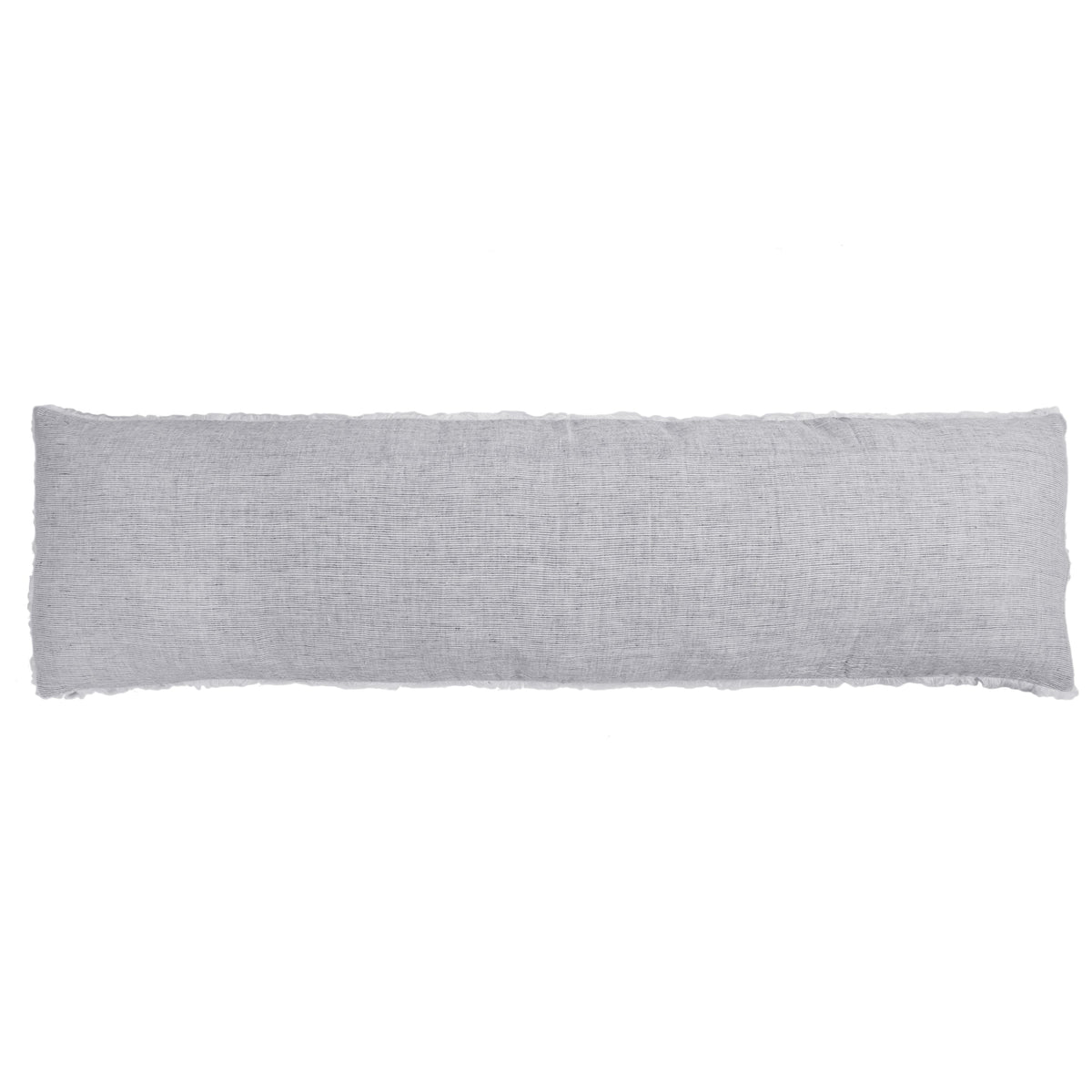 Rectangular body pillow cover in medium gray, textured woven fabric with frayed edges