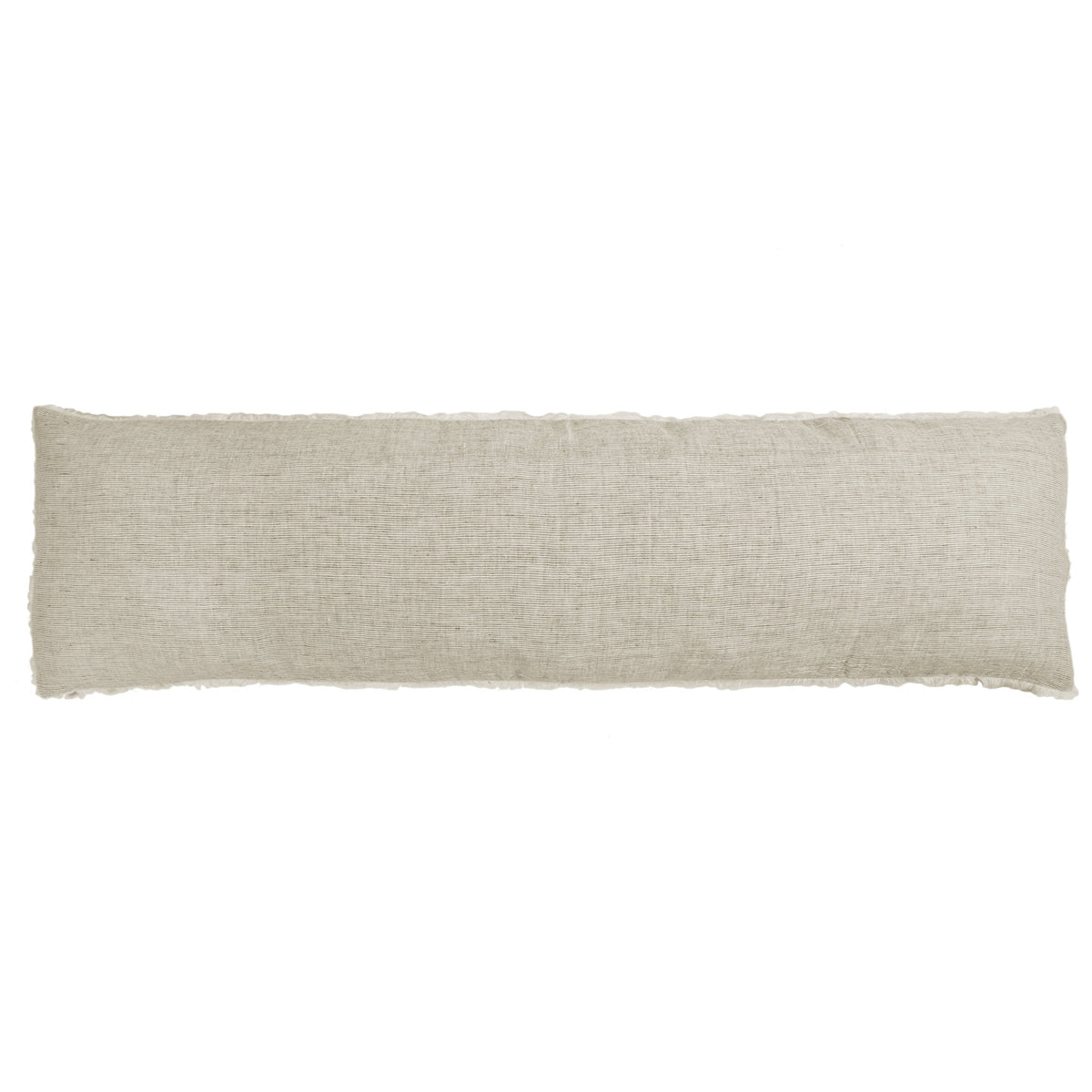 Rectangular body pillow cover in light beige, textured fabric with frayed edges