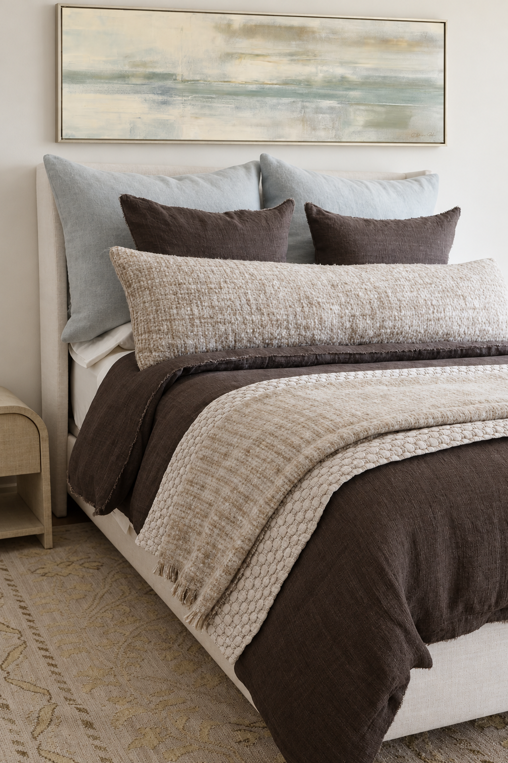 Avalon Matelasse quilted bedding set with beige cover and dark brown pillows