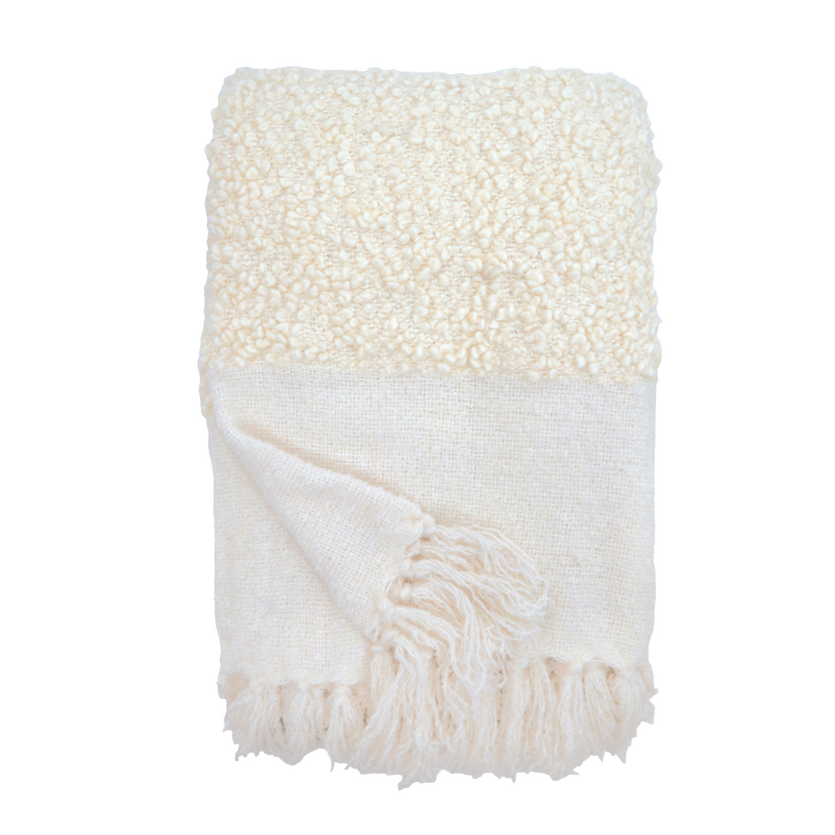 Murphy oversized throw, ivory with fuzzy sherpa texture and fringed hem