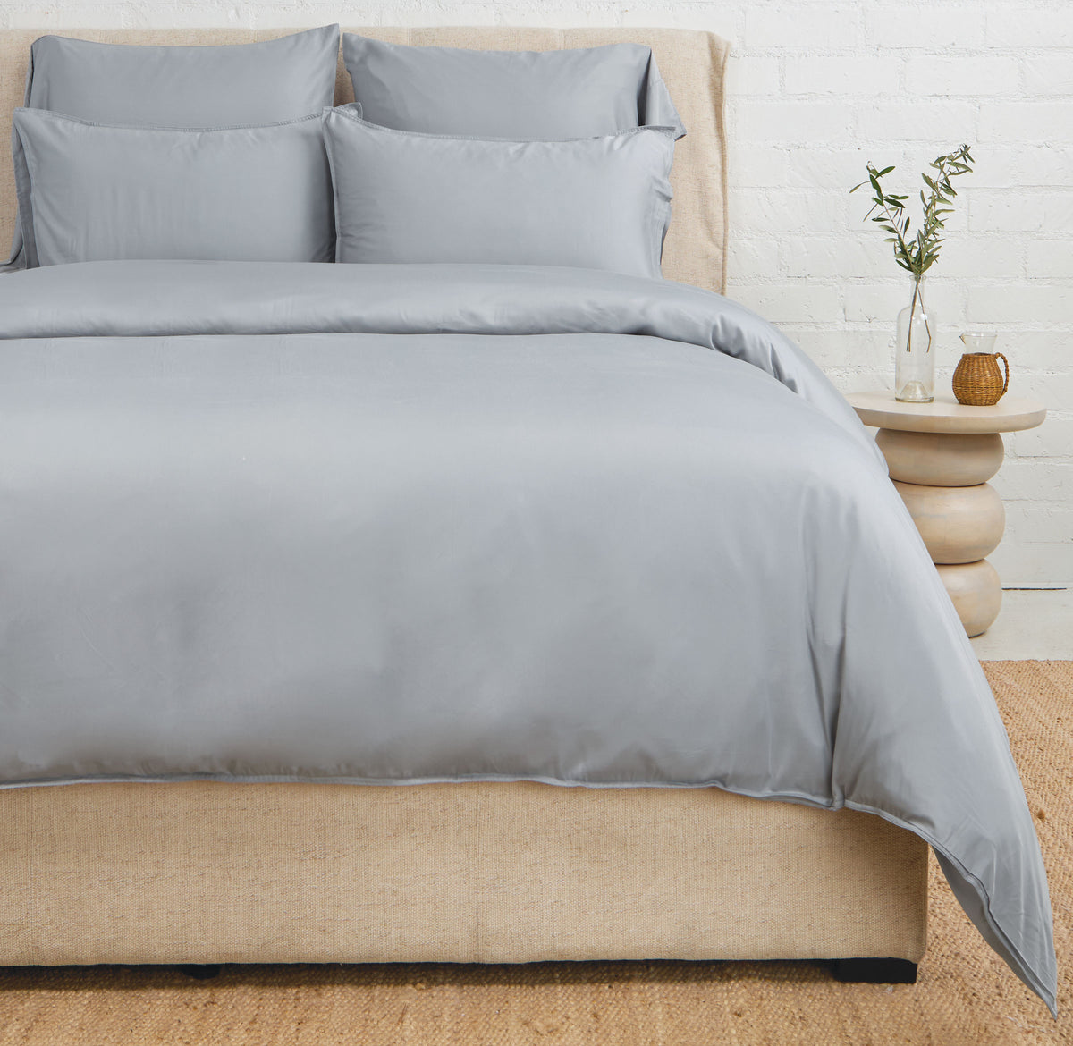 Light blue-gray bamboo sateen duvet set with two pillow shams and fitted look