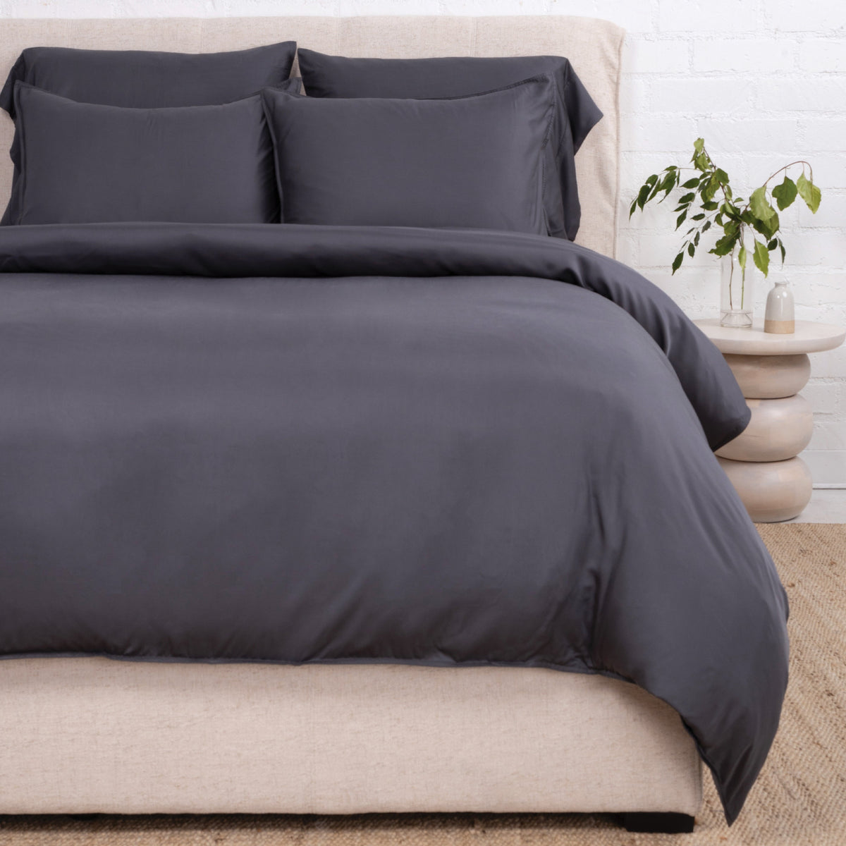 Dark gray bamboo sateen duvet set with two pillow shams and full bed coverage