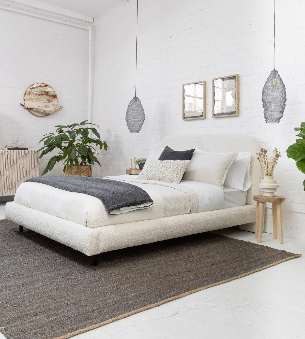 Natural striped duvet cover on a bed with matching pillow shams