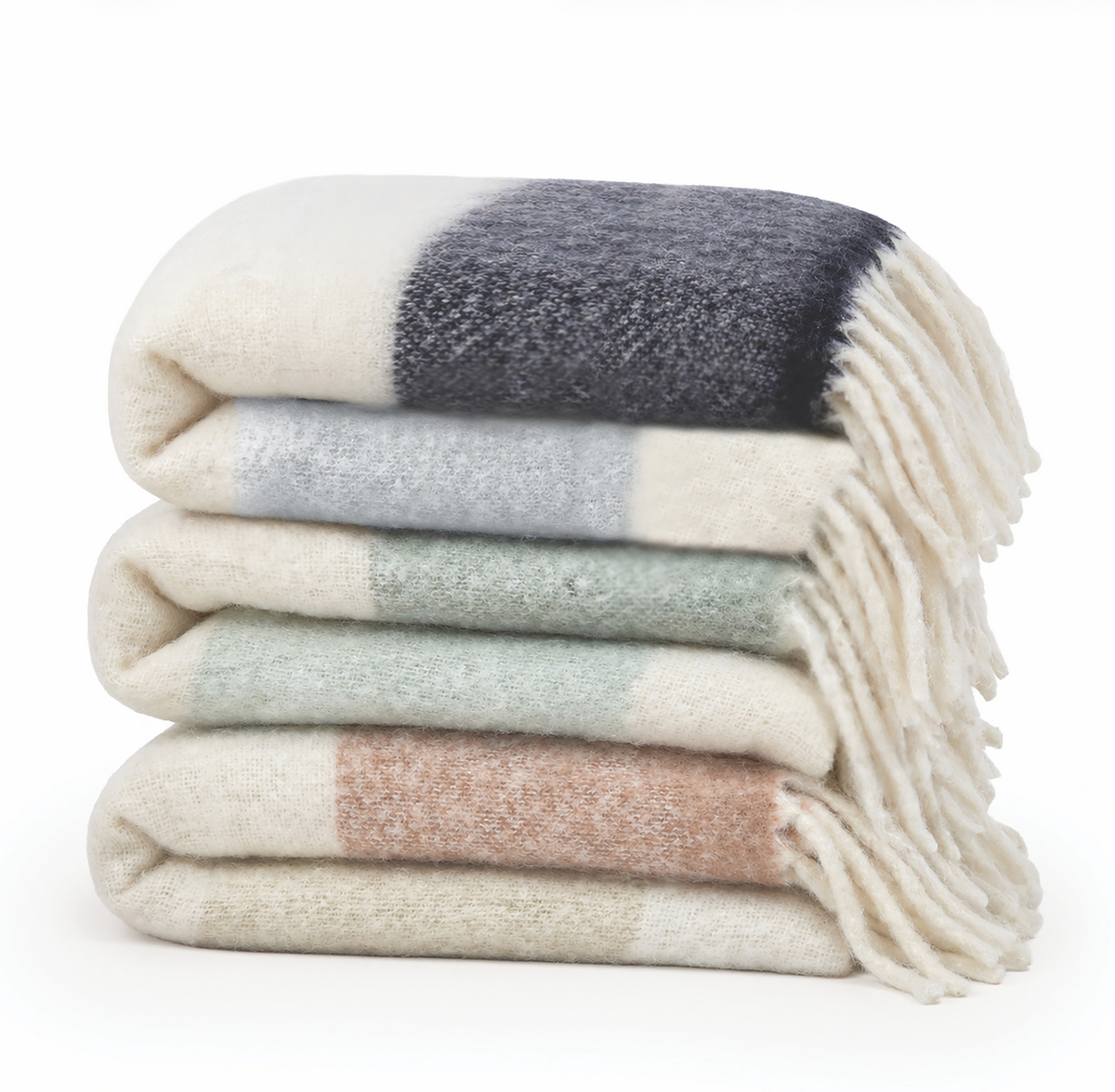 Whistler throw with striped blocks in navy, moss green, and natural; fringed ends.