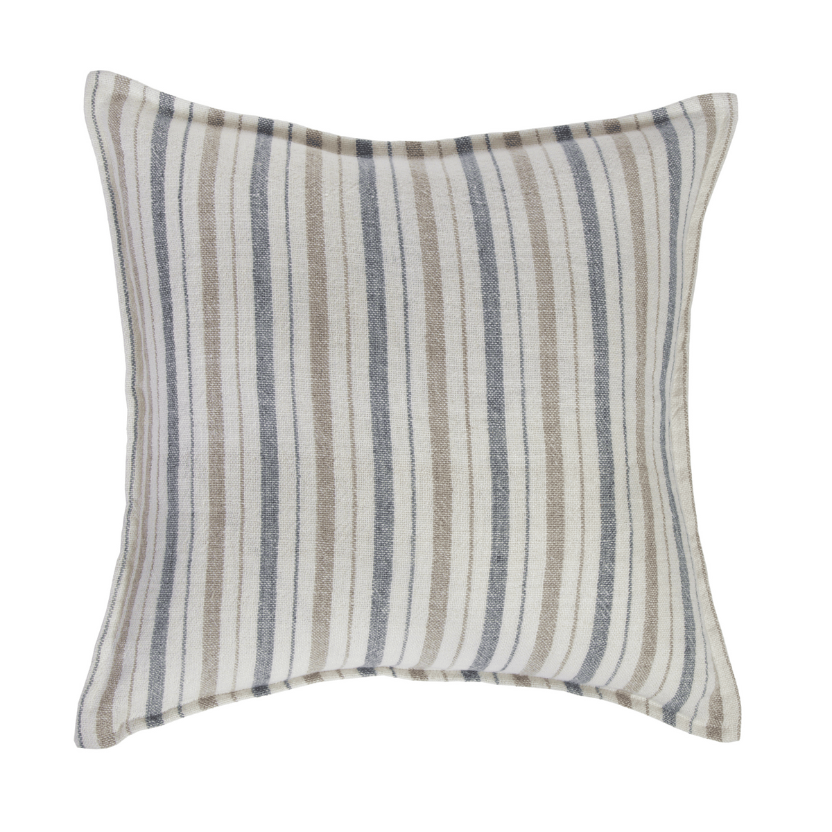 Striped throw pillow with blue and beige vertical lines and curved top edge