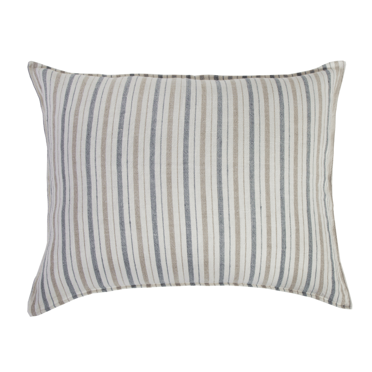 Rectangular striped pillow with blue and beige vertical lines and corner seams