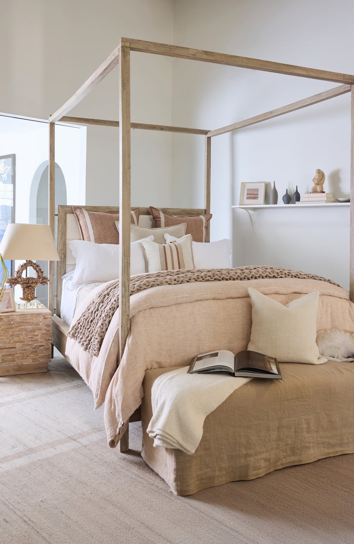 Beige duvet cover with cream vertical stripe accents and coordinating pillows