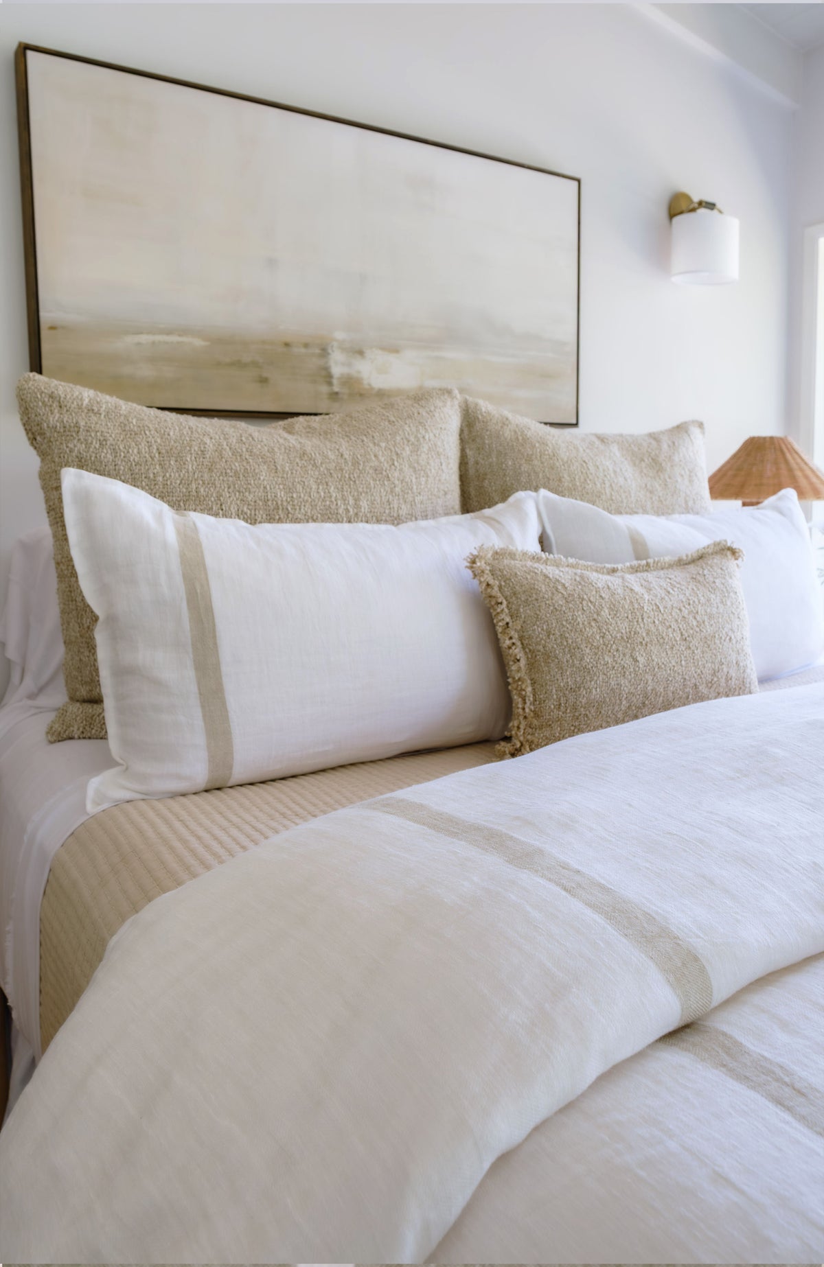 White duvet cover with pale tan stripe trim and textured woven fabric