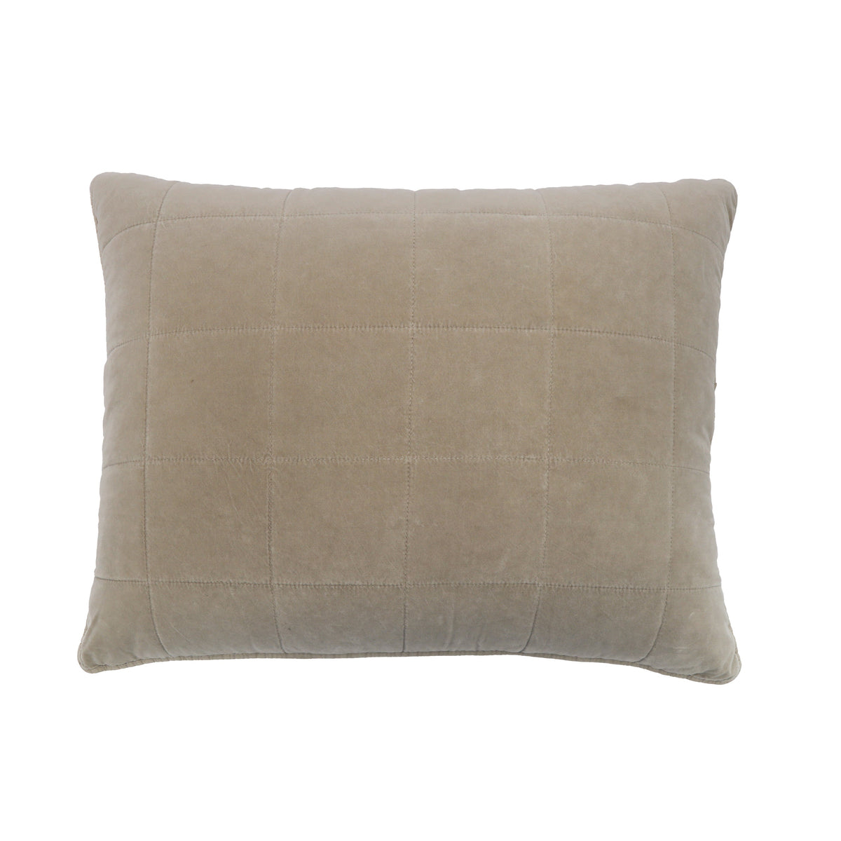 Beige quilted decorative pillow with stitched square pattern