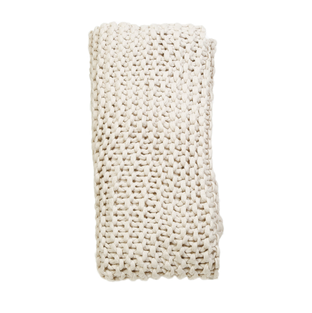 Antique white chunky knit throw blanket folded, textured knit close