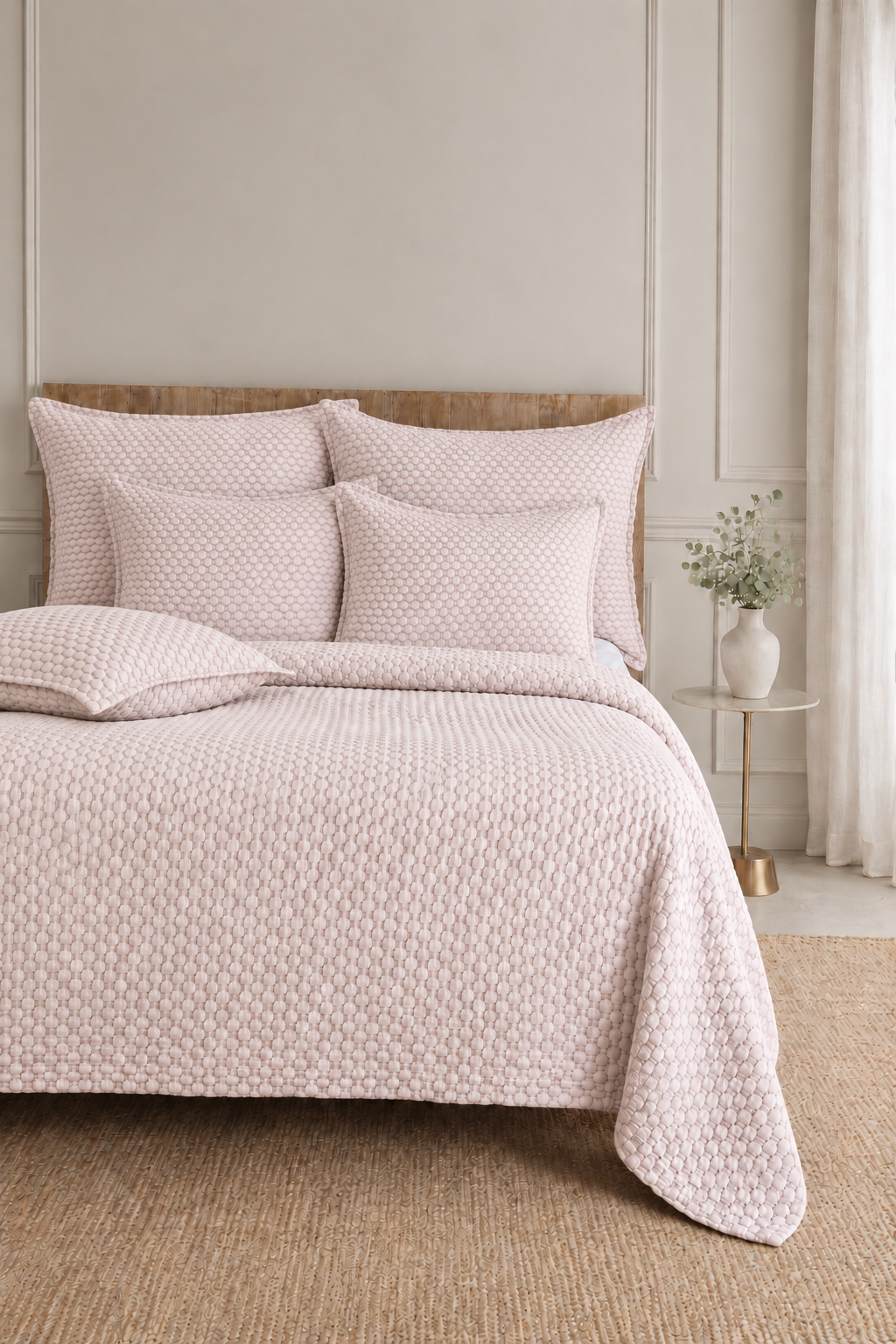 Matelasse quilted bedding set in blush pink with matching sham and coverlet