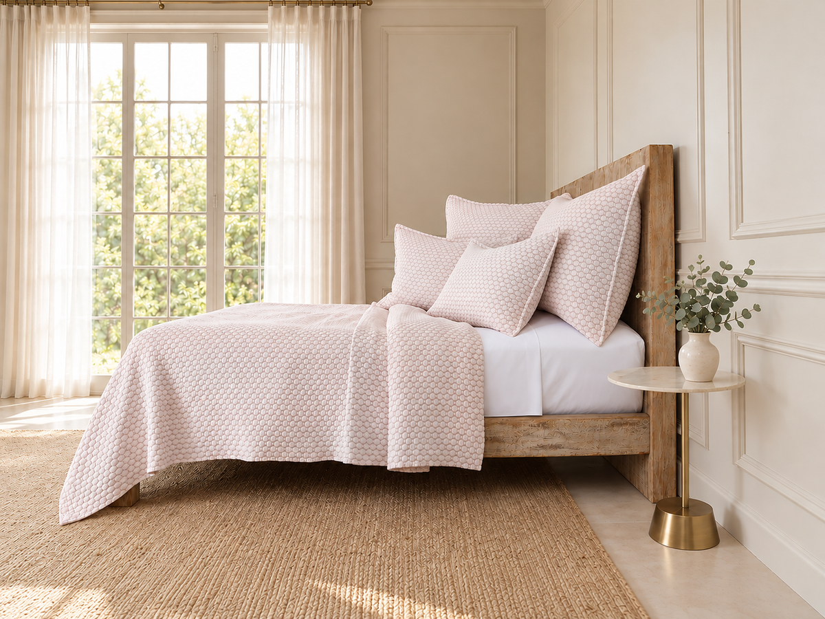 Matelasse quilted bedding set in blush pink with matching pillows and coverlet