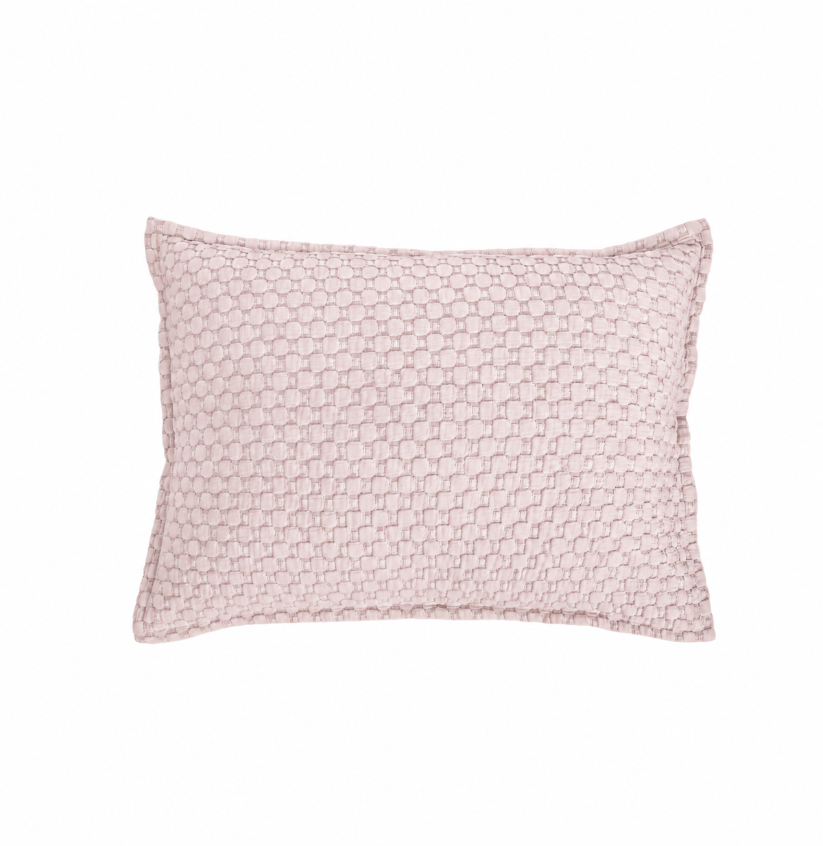 Matelasse quilted standard sham in blush pink, textured square pattern