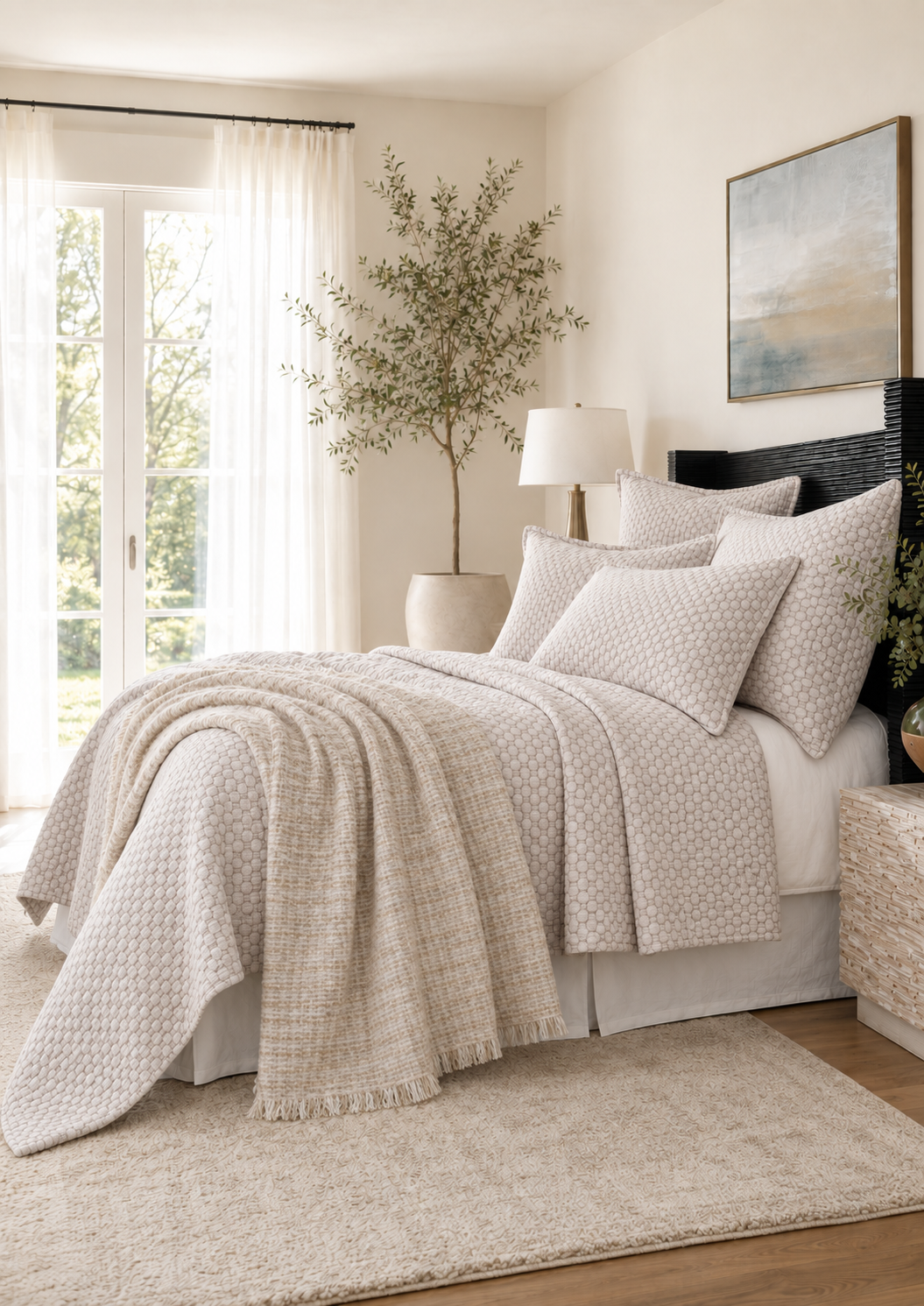 Quilted bedding set with light beige cover and textured sham pillows