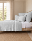 Light blue matelasse quilt with matching textured shams and pillows on a bed.