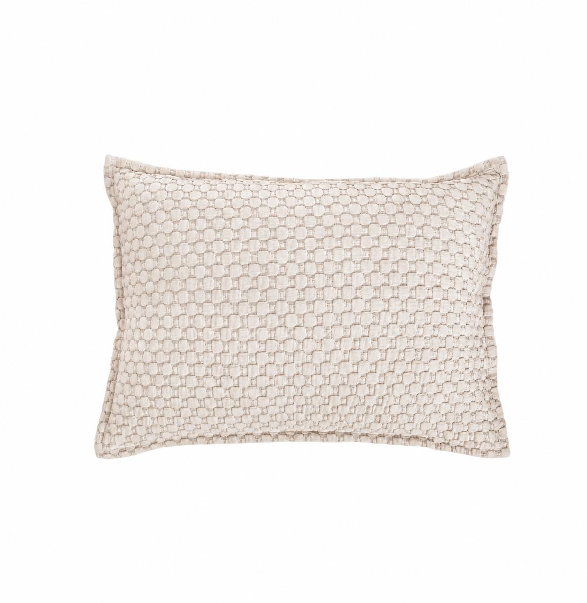 White matelasse rectangular sham pillow with textured circular pattern.