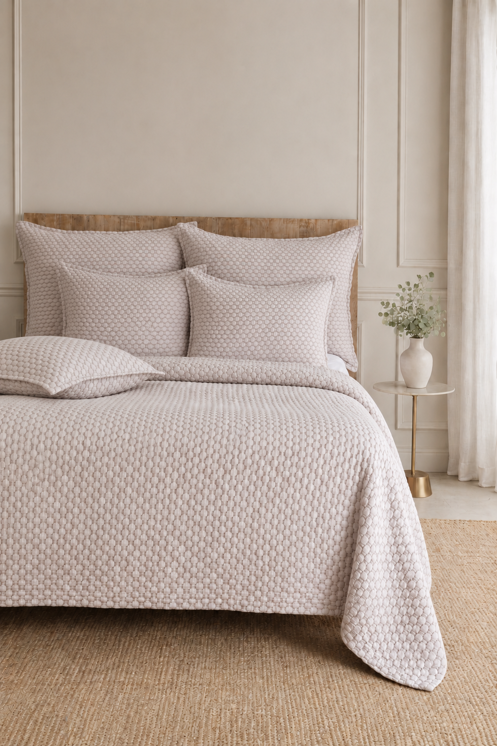 Oatmeal beige matelasse bedding set with quilt, shams, and pillows on a bed.