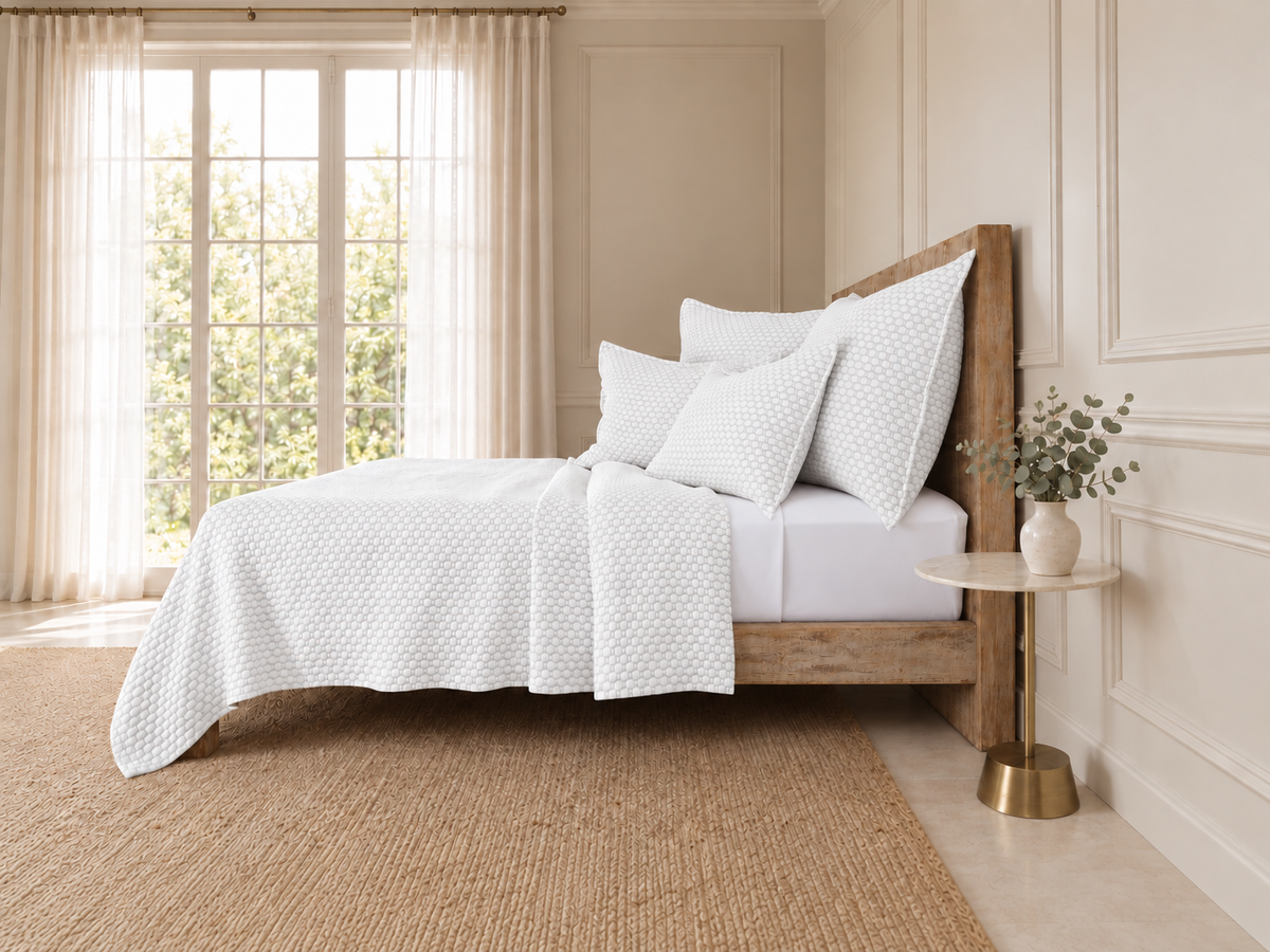 White matelasse bed quilt with textured geometric pattern and matching pillow shams